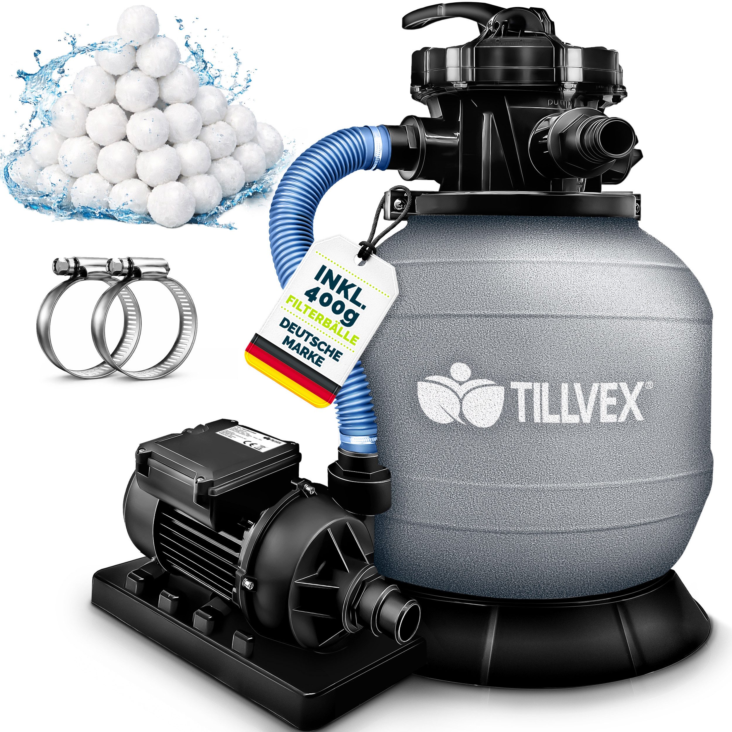 tillvex Sandfilteranlage Filteranlage 7.900L/h mit 400g Filterbällen + Pumpe Filter (Set), 7-Wege Ventil