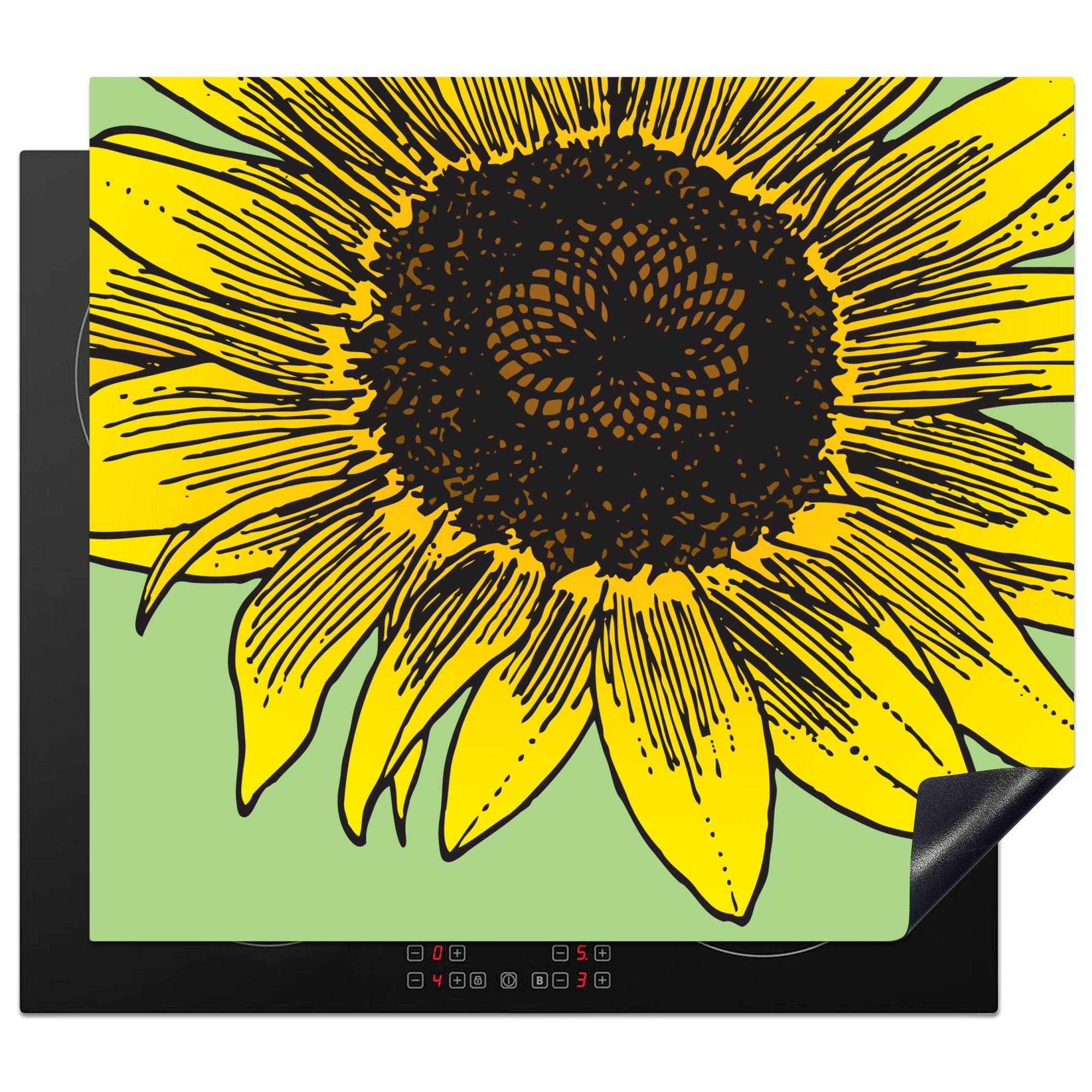 MuchoWow Herdblende-/Abdeckplatte Illustration einer Sonnenblume auf grünem Hintergrund, Vinyl, (1 tlg), 60x52 cm, Mobile Arbeitsfläche nutzbar, Ceranfeldabdeckung