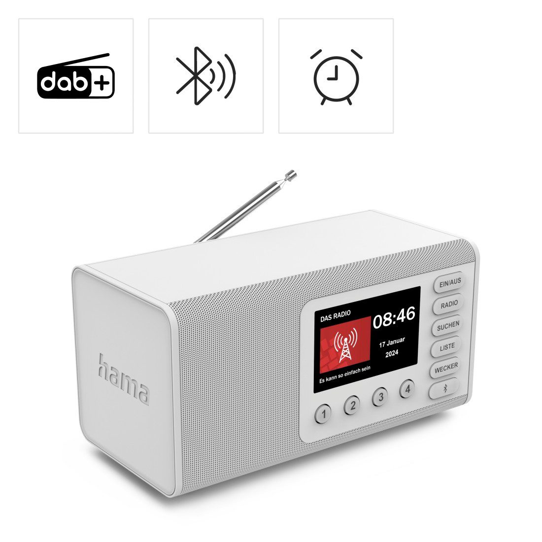 Hama Digitalradio mit DAB+ FM Bluetooth und Wecker Digitalradio (DAB) (Digitalradio (DAB), 5 W, 4,3 Zoll TFT Display, große Tasten, Direktwahltasten)