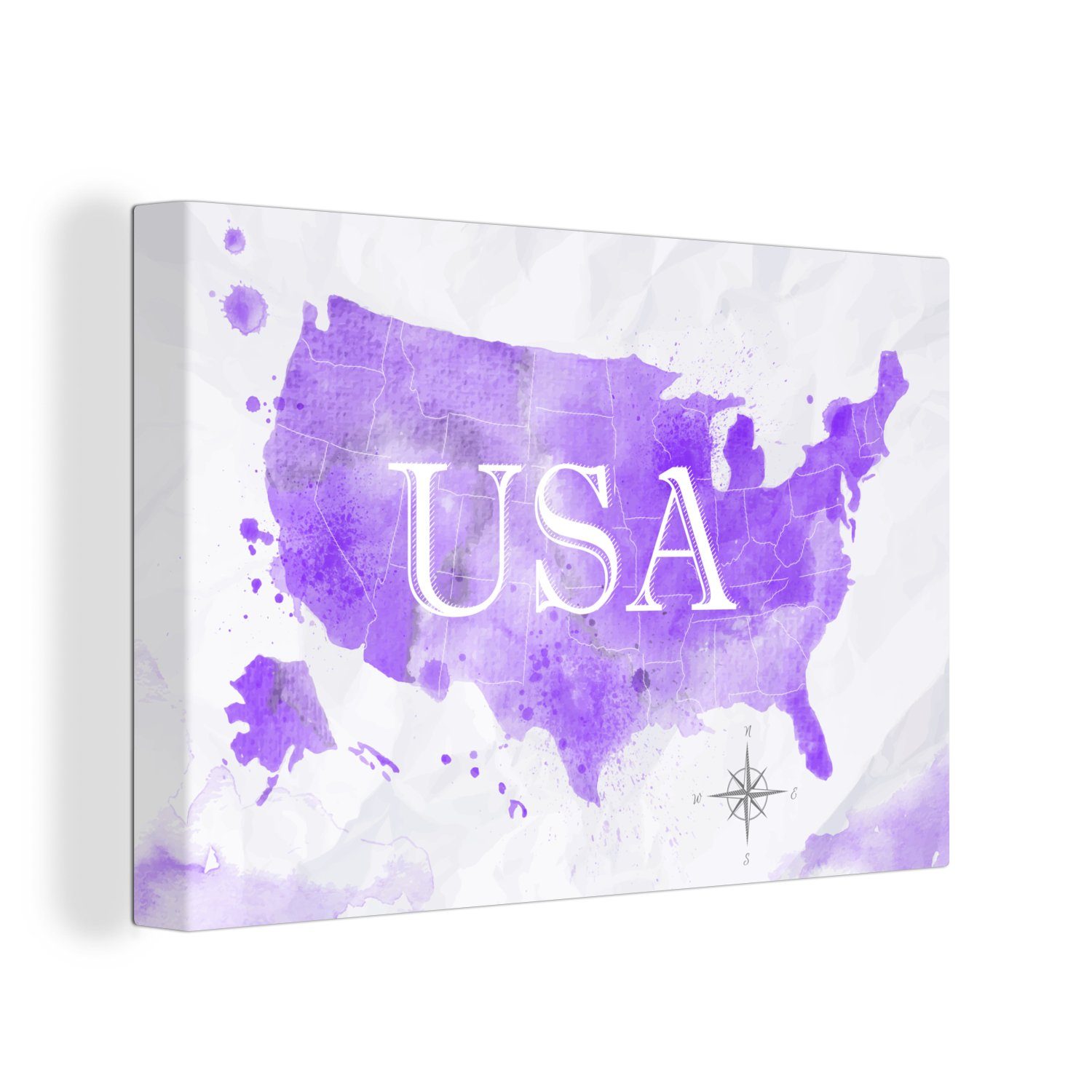 OneMillionCanvasses® Leinwandbild Karte - Amerika - Lila - Aquarell, (1 St), Wandbild Leinwandbilder, Aufhängefertig, Wanddeko, 30x20 cm