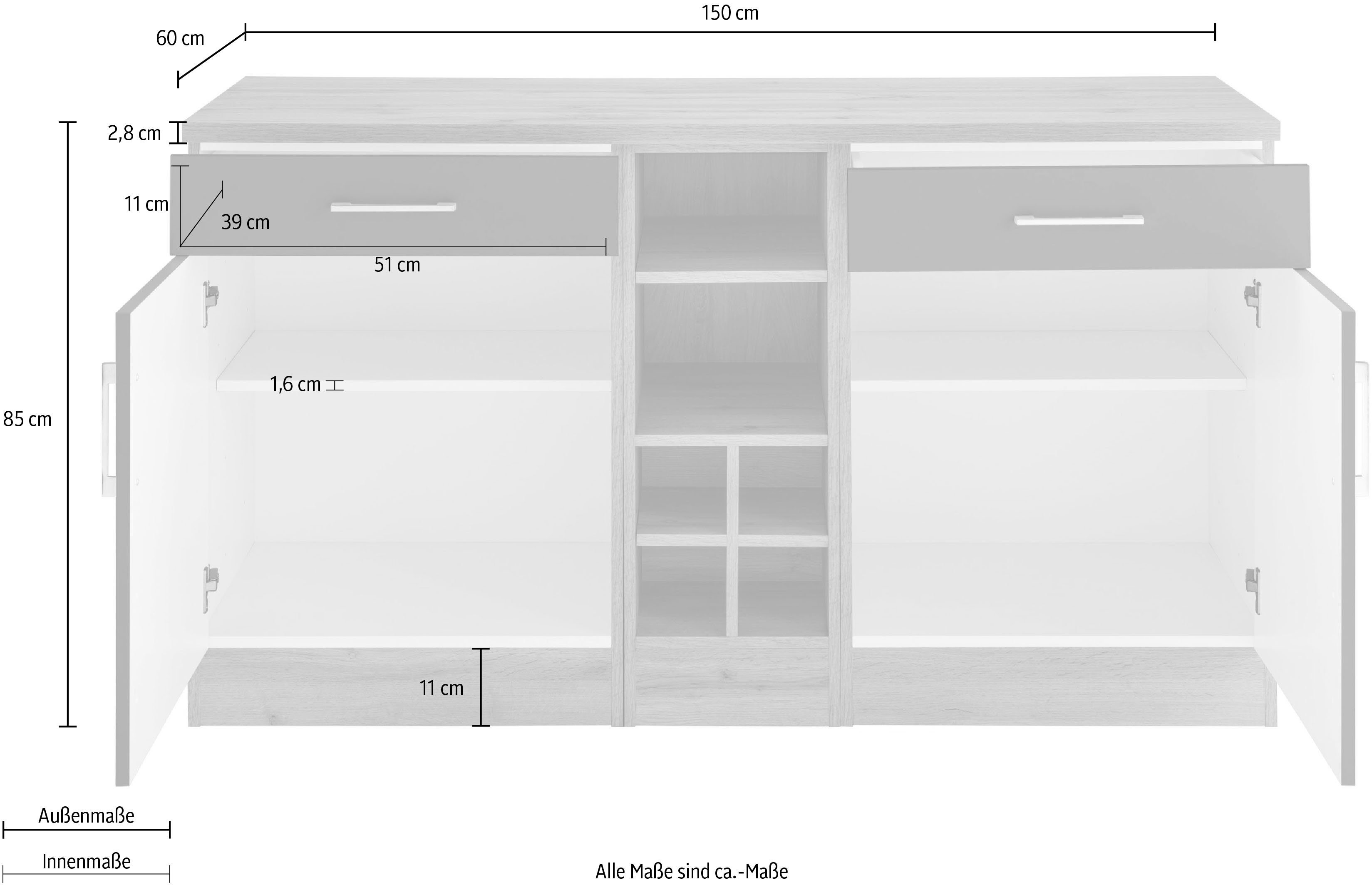 | Fächer, viel cm wotaneiche 150 Türen, MÖBEL für 2 Unterschrank Stauraum 6 Schubkästen, Colmar 2 HELD breit, anthrazit