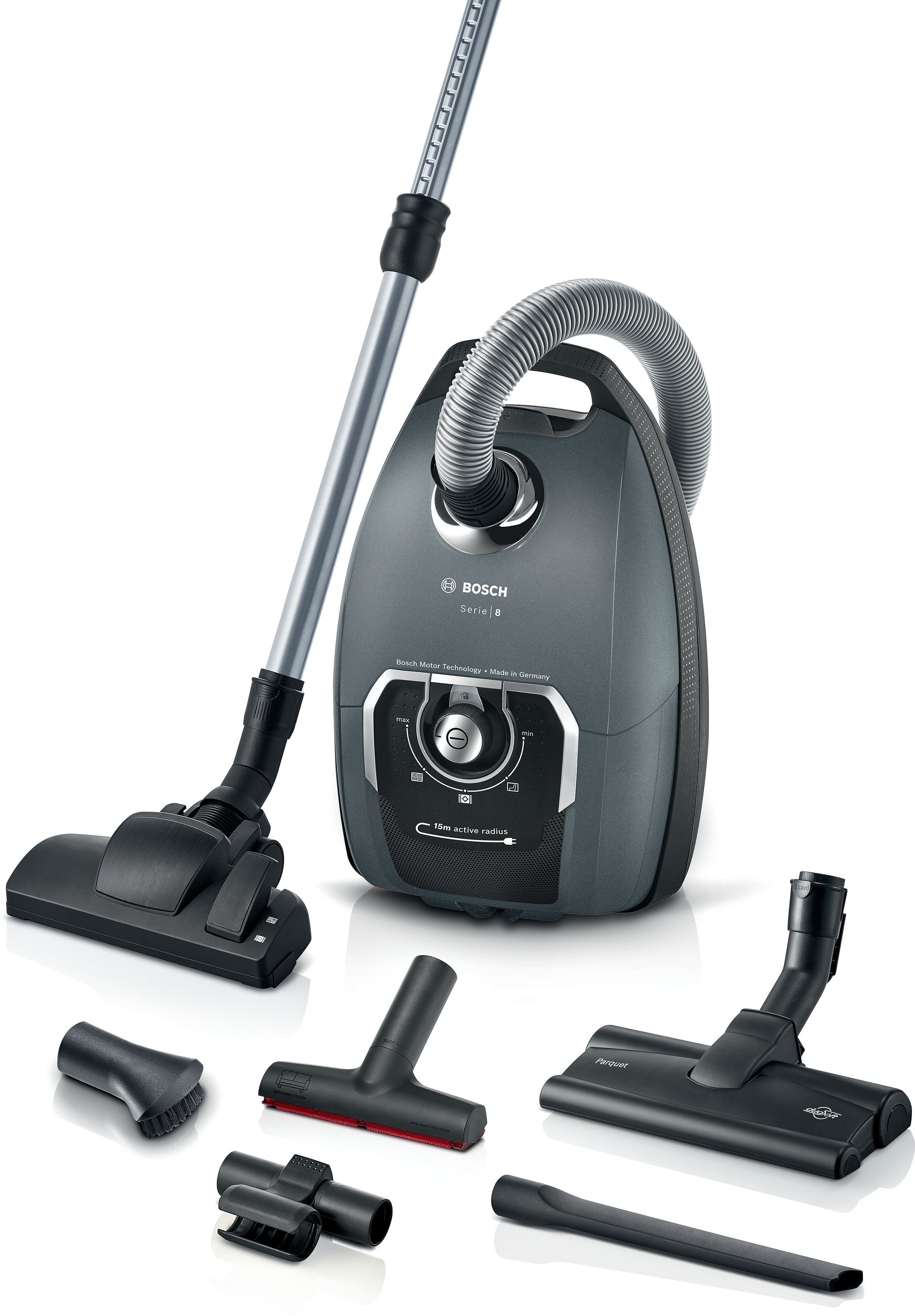 BOSCH Bodenstaubsauger Serie 8 BGL75X1PRQ, für Allergiker, 10 Jahre Motorgarantie, leise, 750 W, mit Beutel, Hygiene-Filter, Hartbodendüse, XXL-Polsterdüse, langes Kabel, grau
