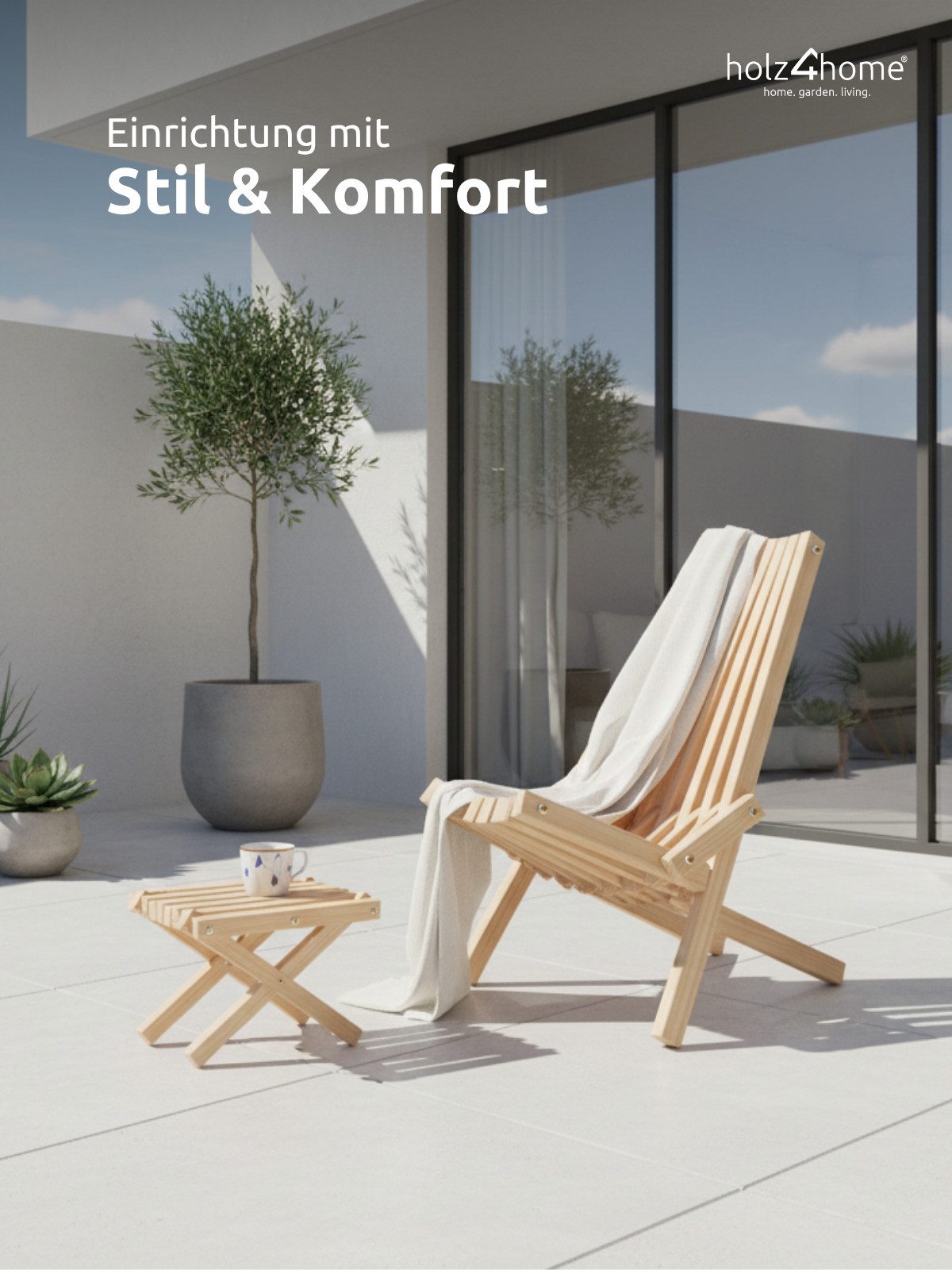 holz4home® Sitzgruppe Skandinavisches Liegestuhl Set aus Kiefernholz für Terrasse & Lounge, Geripptes Design