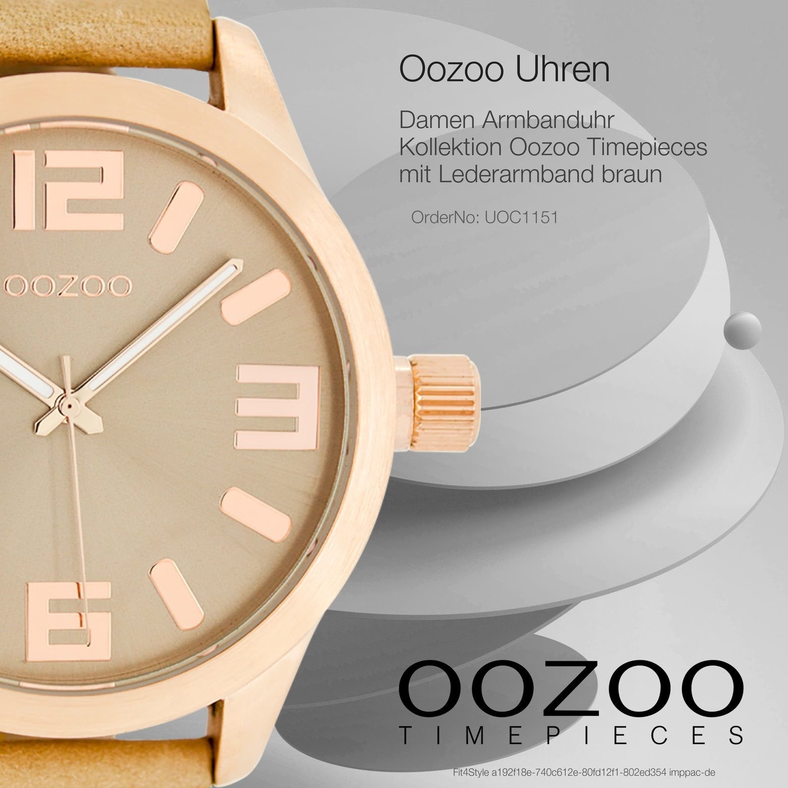 46mm) Damenuhr OOZOO Lederarmband, sand, Oozoo (ca. groß Quarzuhr rund, Fashion-Style Armbanduhr Damen extra