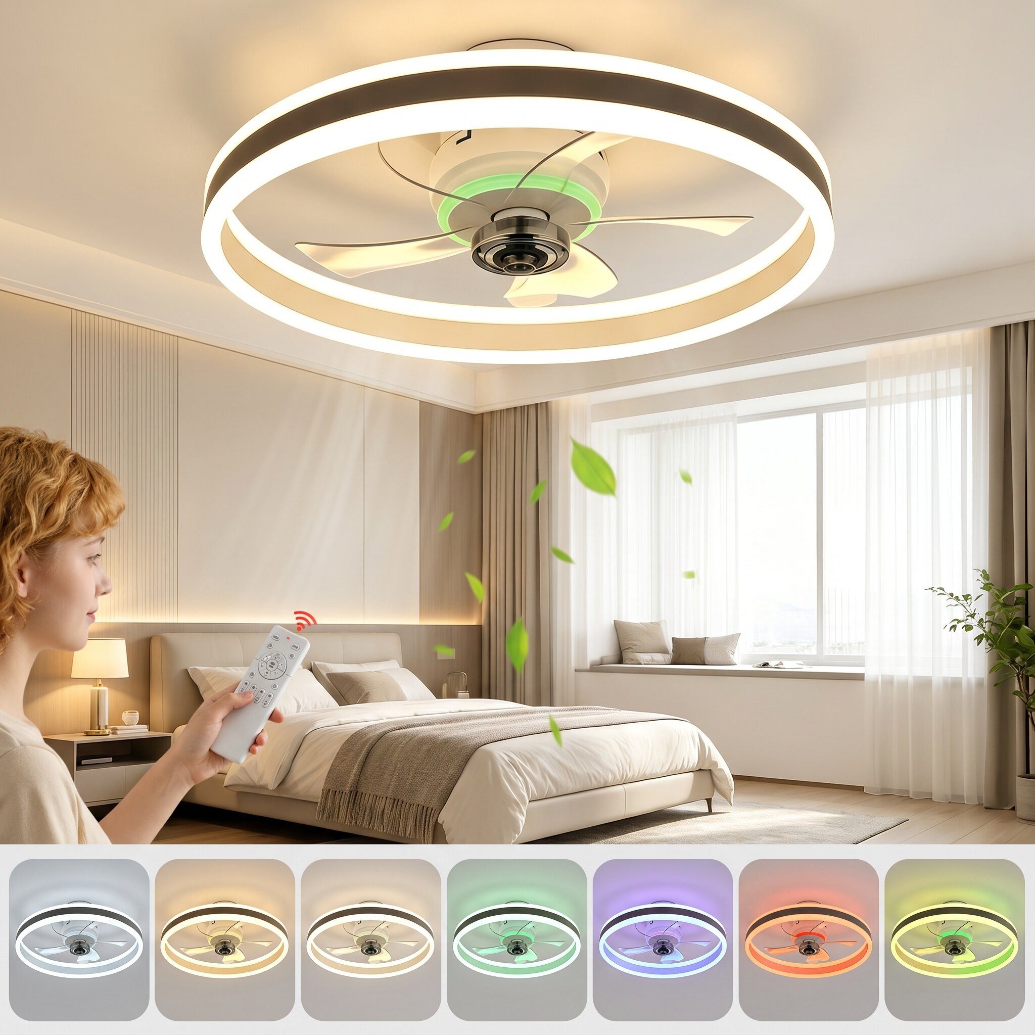 oyajia Deckenventilator RGB Deckenventilator mit Licht und Fernbedienung, 6 Geschwindigkeiten, 82W Leise Deckenlampe mit Ventilator, Dimmbare Timer Lichtspeicher