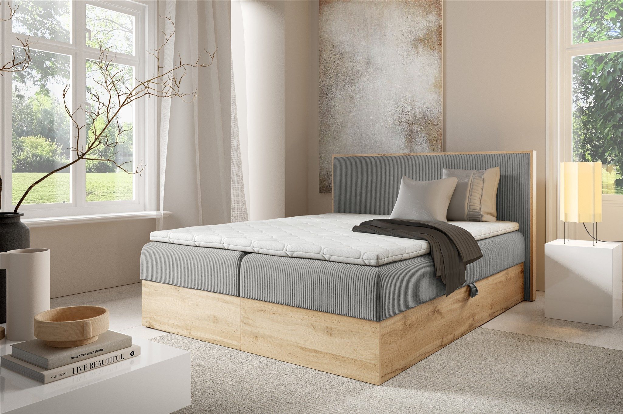 Fun Möbel Boxbett Bett Schlafzimmerbett ROLAND Überlänge in Stoff Lincoln (inkl. Bettkasten), mit Bonellfederkernmatratze