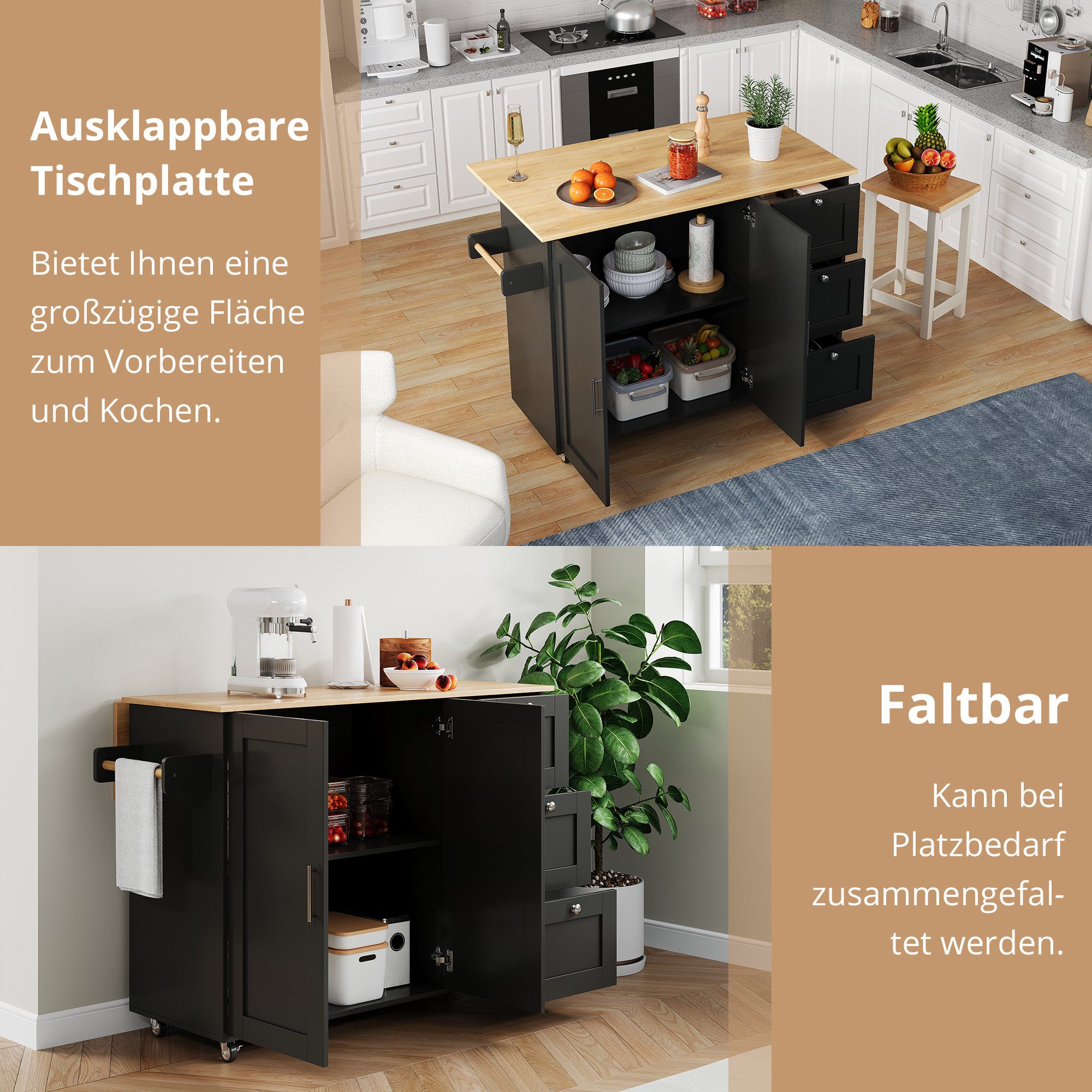 i@home Kücheninsel Mobiler Küchenwagen, (freistehend, 5 Rollen geräuschlos), Eichen ausklappbar Arbeitsplatte Esszimmer