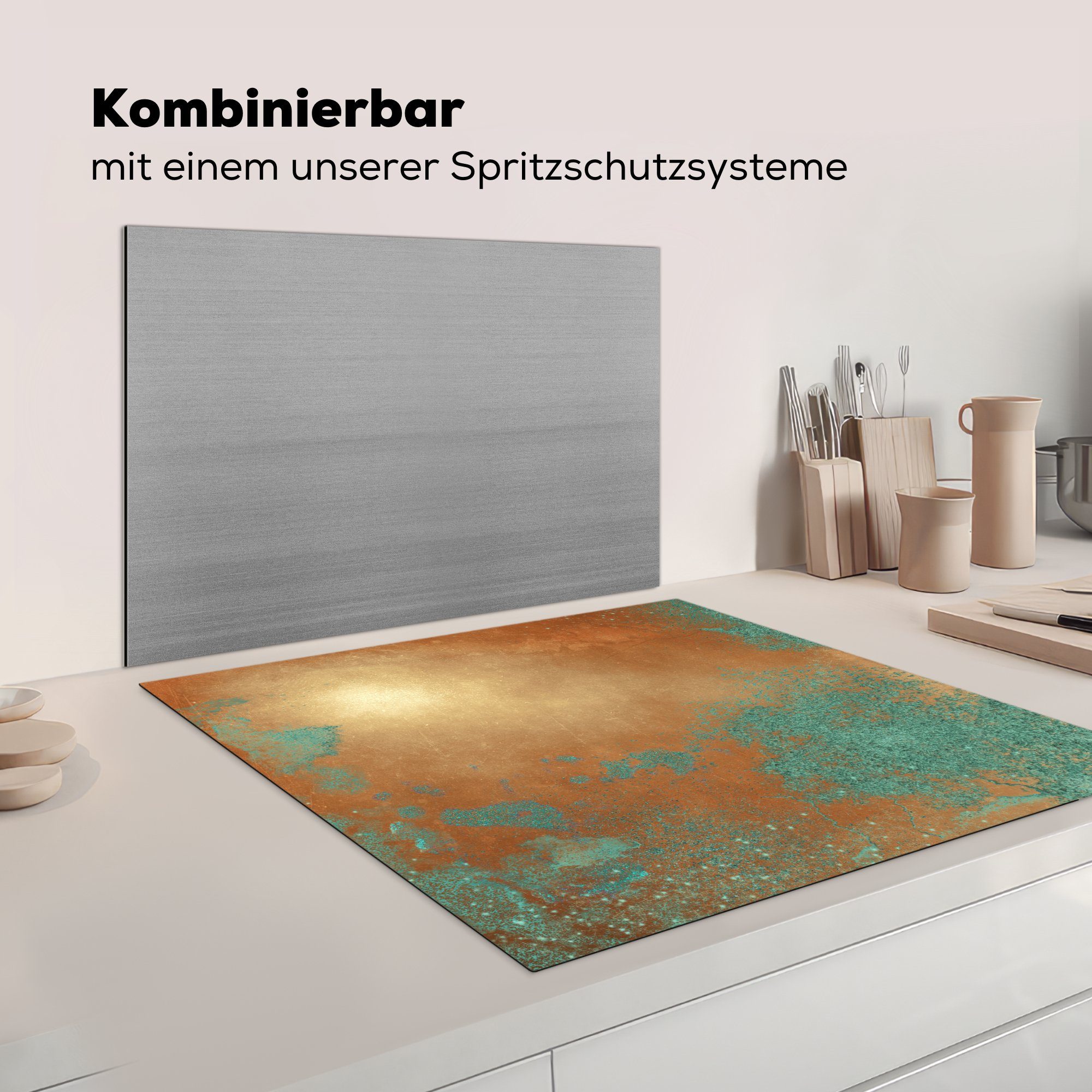 Blau, für küche Arbeitsplatte Rost 78x78 Vinyl, (1 Herdblende-/Abdeckplatte - MuchoWow cm, Ceranfeldabdeckung, tlg), - Bronze