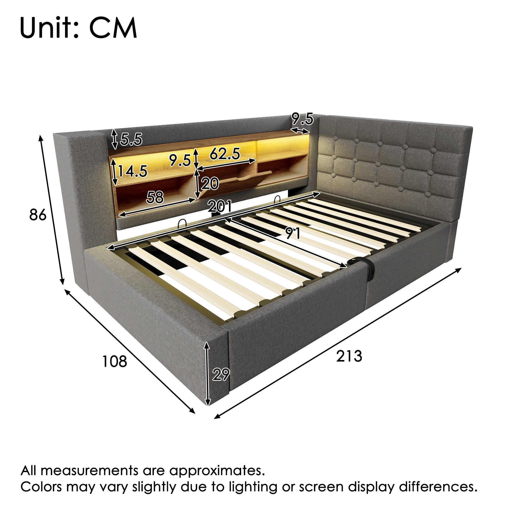Ulife Polsterbett 140×200cm&weitere Größen mit Bettkasten, LED, hydraulischem Stauraum (1-tlg., Ohne Matratze), L-förmigem Kopfteil beidseitig montierbar, Kinde – Bild 2 von 5