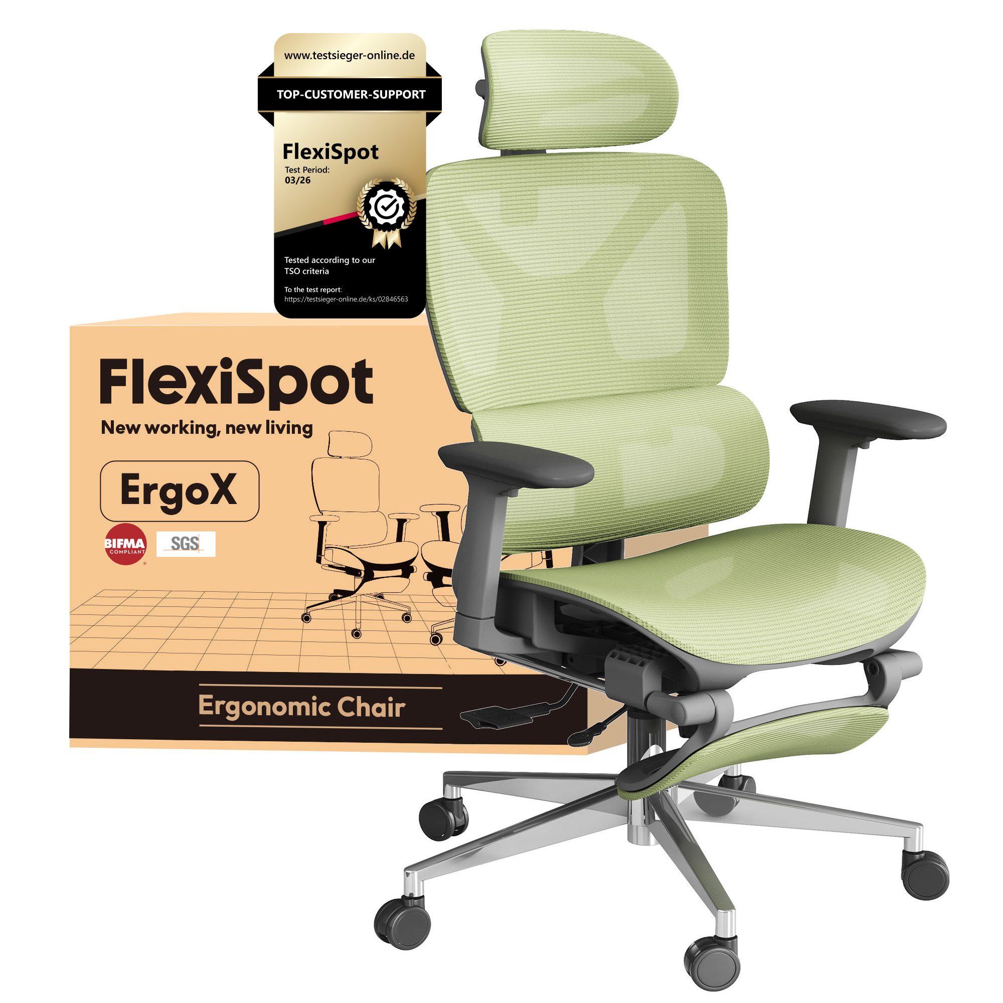 FLEXISPOT Bürostuhl ErgoX, Premium Ergonomischer Schreibtischstuhl (Rückenlehne 90°-135° verstellbar, 3D-Armlehnen, 3D-Kopfstütze, 5D-Rückenlehne), 136 kg Tragkraft, mit Fuß- und Lendenunterstützung,in knalligen Farben