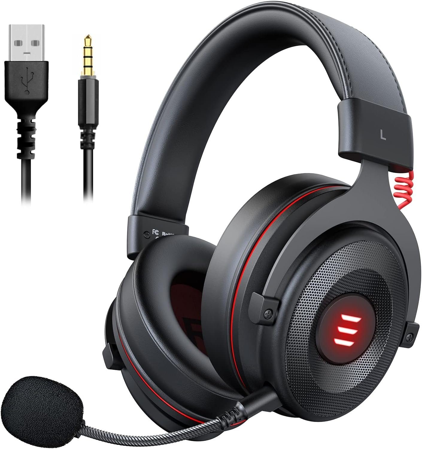 EKSA Gaming-Headset (Gaming Headset mit Noise Cancelling Mikrofon, USB-Headset, Gaming headset mikrofon audiobuchse licht superleichter kopfhörer)