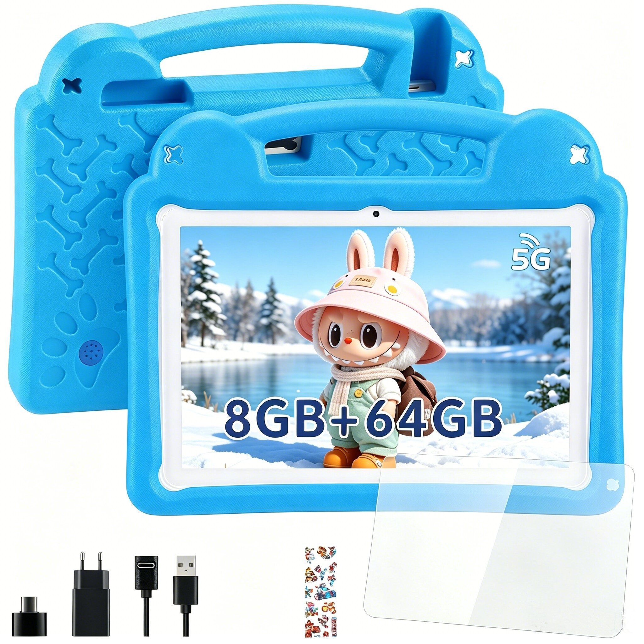 LETGOSPT Kinder Tablet mit Hülle, Android 15 Octa Core 64GB Expand 1TB HD IPS Tablet (10.1", 64 GB, Quad Core, 2.4G+5G, WiFi, WiFi 6 BT 5.0, Google Kids Space, Gemini AI, mit Stylus Tasche Sticker)