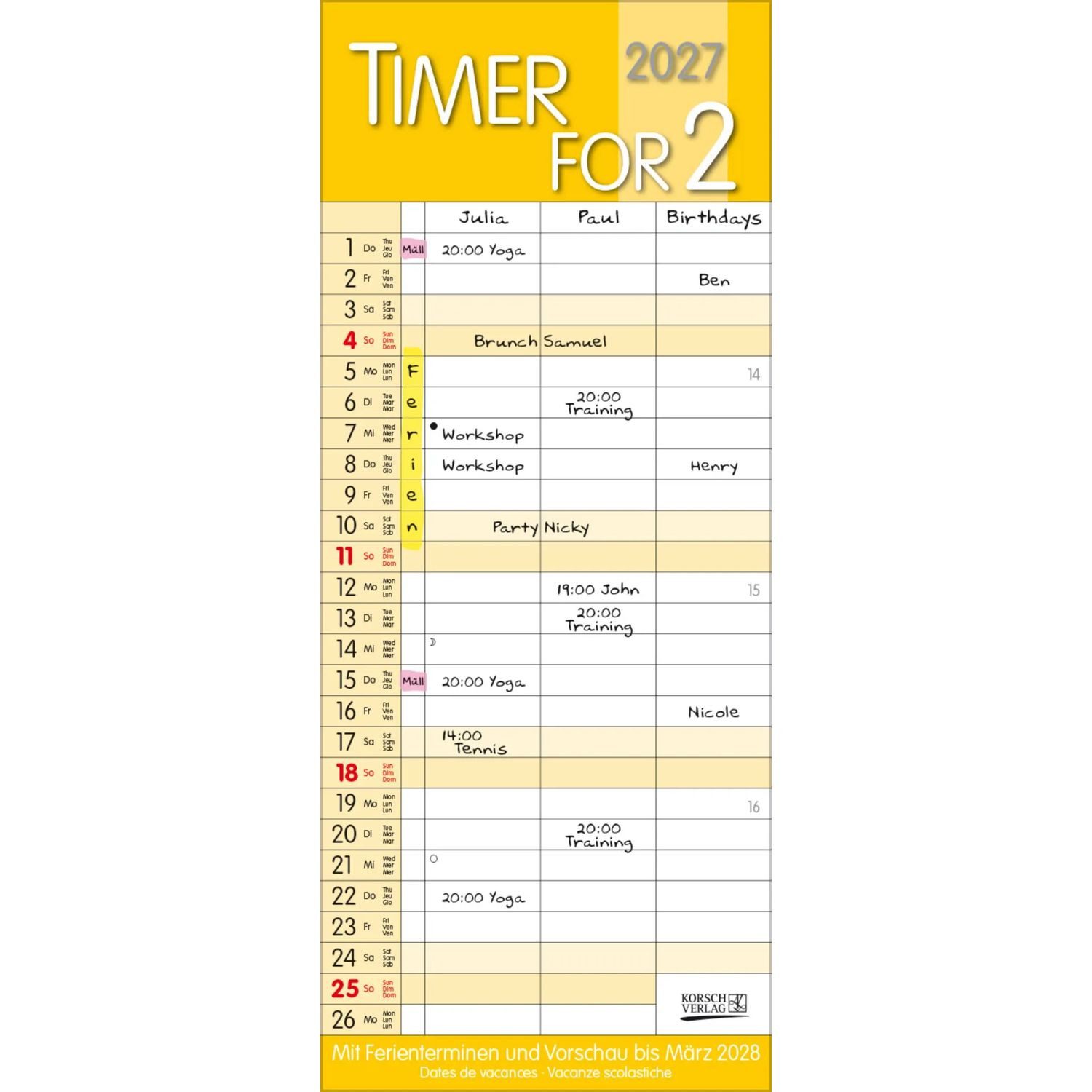 Korsch Verlag Wandkalender Timer for 2 Safran 2027
