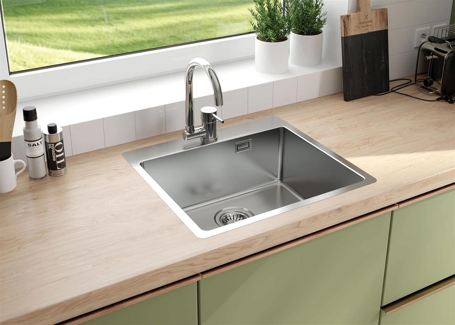 Faizee Möbel Edelstahlspüle Edelstahlspüle 50,5x55 Küchenspüle Einbau Edelstahl inkl. Siphon-Set, eckig, 50.5/40 cm