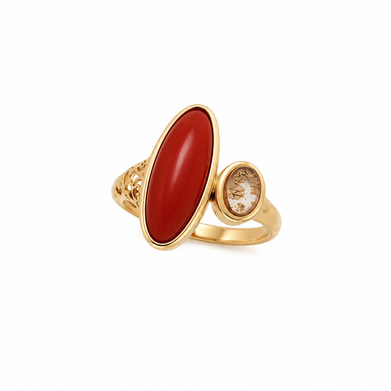 Sogni d'oro Fingerring "Korallenduett" mit Koralle und Bergkristall Blattgold Doublette, Silber 925 vergoldet