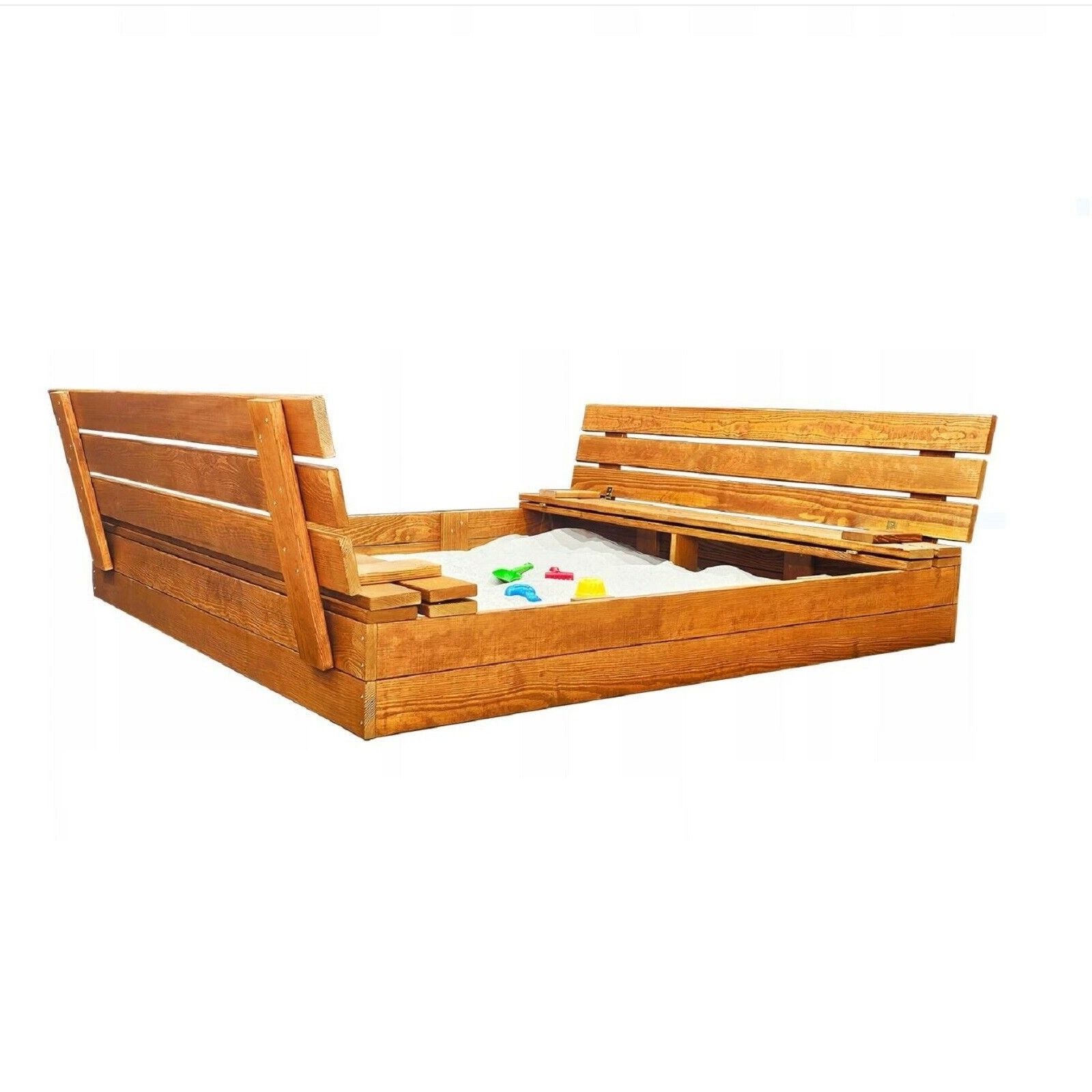 QLS Sandkasten 120cm mit Bank, aus Holz Imprägniert Abdeckung Unkrautvlies Sandbox 122 x 118 cm