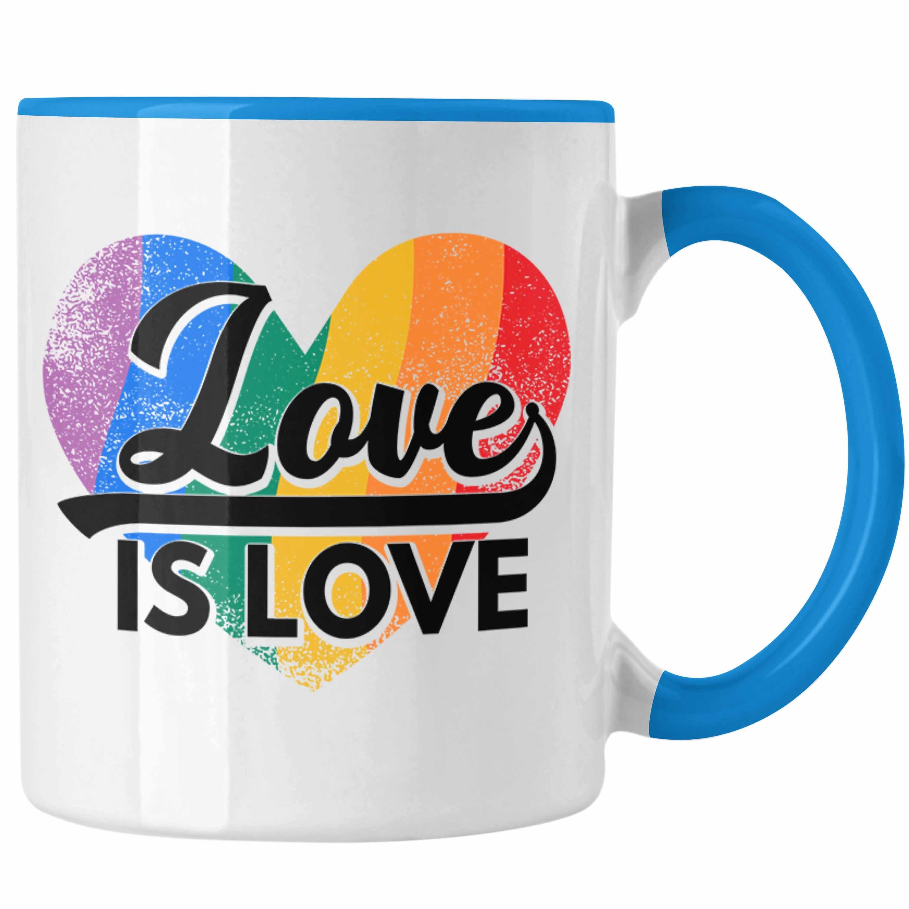 Trendation Tasse Trendation - LGBT Tasse Geschenk für Schwule Lesben Transgender Regenbogen Lustige Grafik Regenbogen Love Is Love Blau