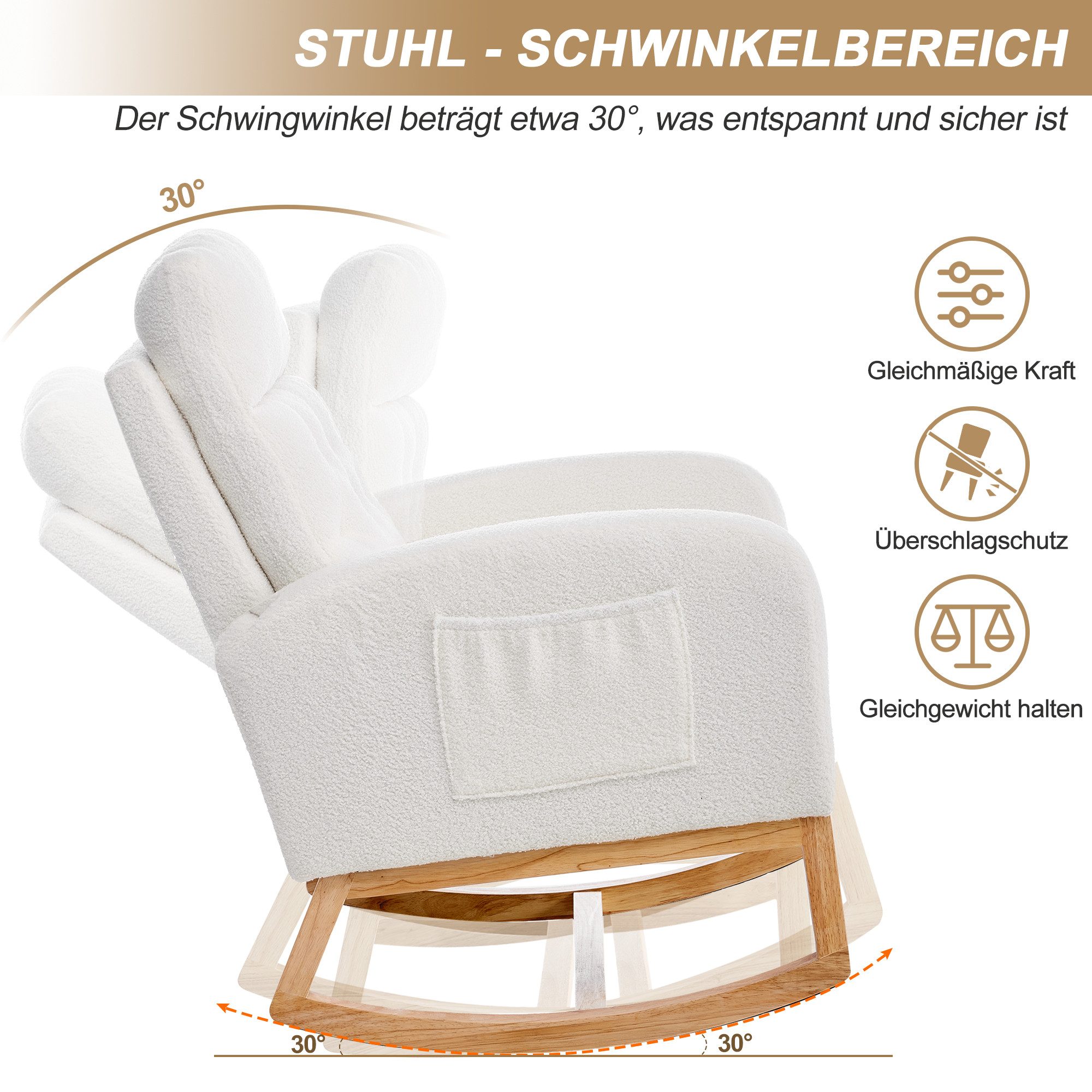 HAUSS SPOLE Schaukelstuhl mit verstellbarer Fußstütze,Wohnzimmer Relaxsessel mit Seitentaschen (Wohnzimmer-Sessel Polsterschaukelstuhl mit ausziehbarer Fußstütze), 65.6x123x102cm mit Boucléstoff