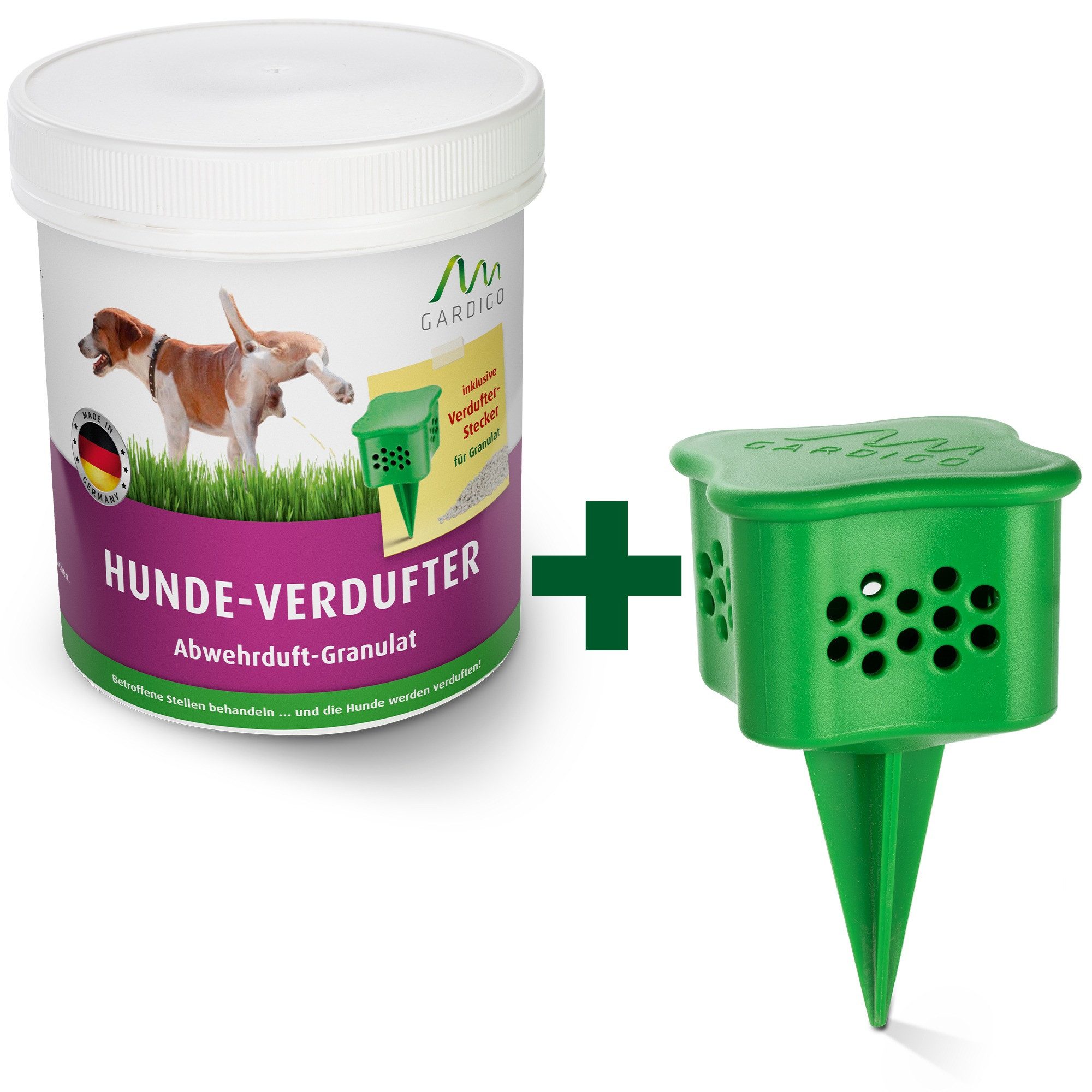 Gardigo Vergrämungsmittel Hunde-Verdufter Granulat mit Beet-Stecker – Hundeabwehr für Garten, 300 g, für Hunde