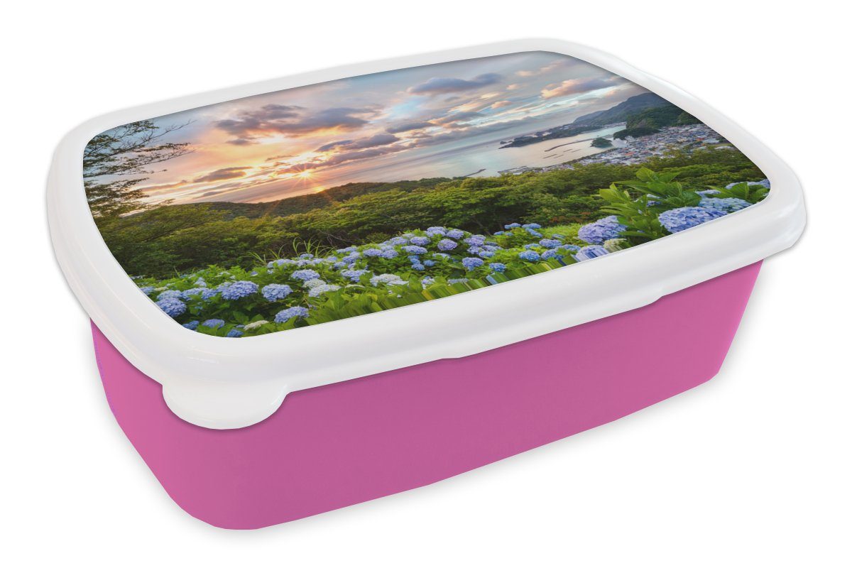 MuchoWow Lunchbox Hortensienblüten im Sonnenuntergang, Kunststoff, (2-tlg), Brotbox für Erwachsene, Brotdose Kinder, Snackbox, Mädchen, Kunststoff rosa