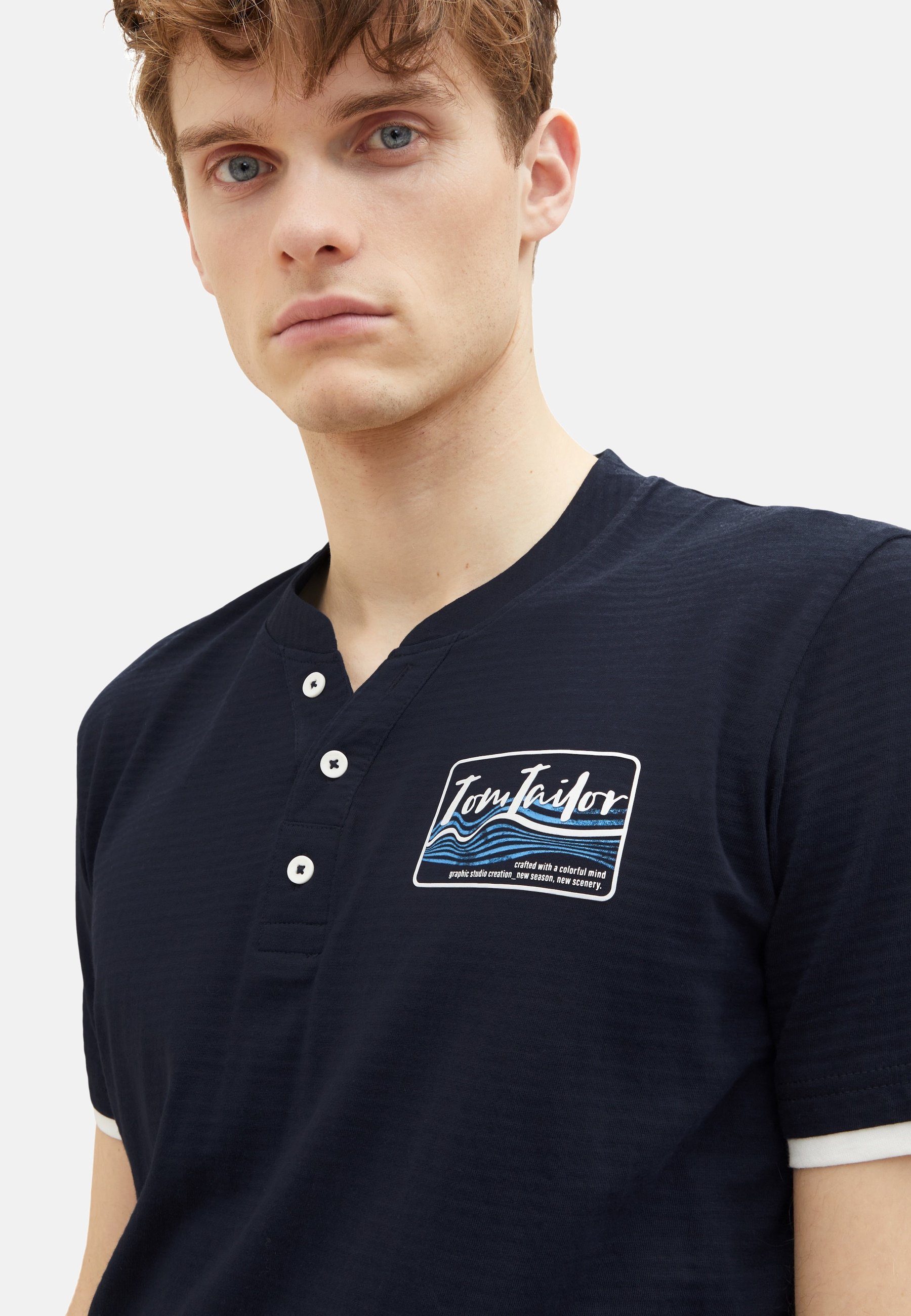 TOM TAILOR Henleyshirt T-Shirt Kurzarmshirt Henley gestreift (1-tlg) dunkelblau