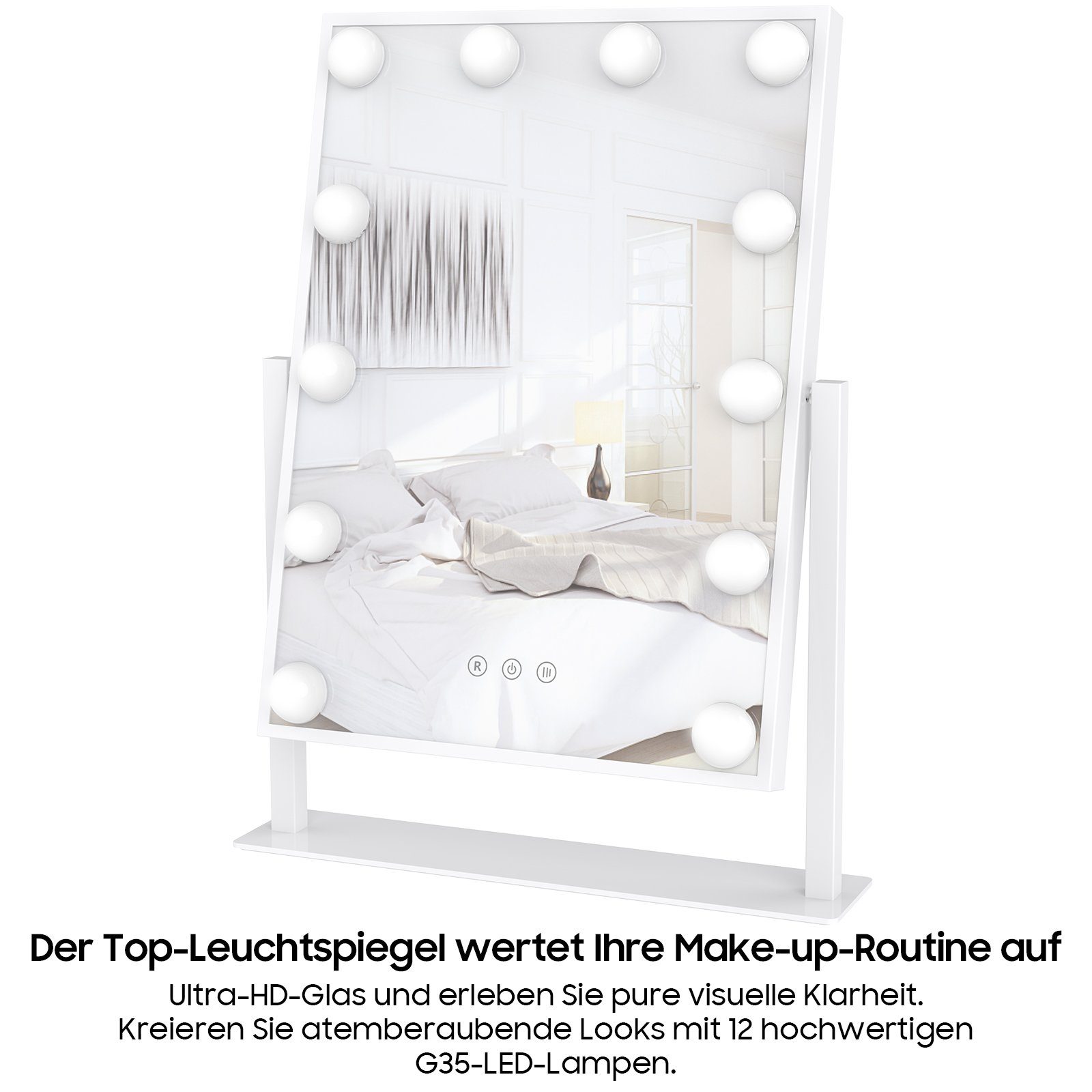 12 Schminkspiegel Kosmetikspiegel Hollywood-Schminkspiegel für EU-Stecker), Tischplatte, Smart 3 mit 360-Grad-Drehung, Aoucheni (für Schlafzimmer Farblichter, Touch, mit LED-Lampen
