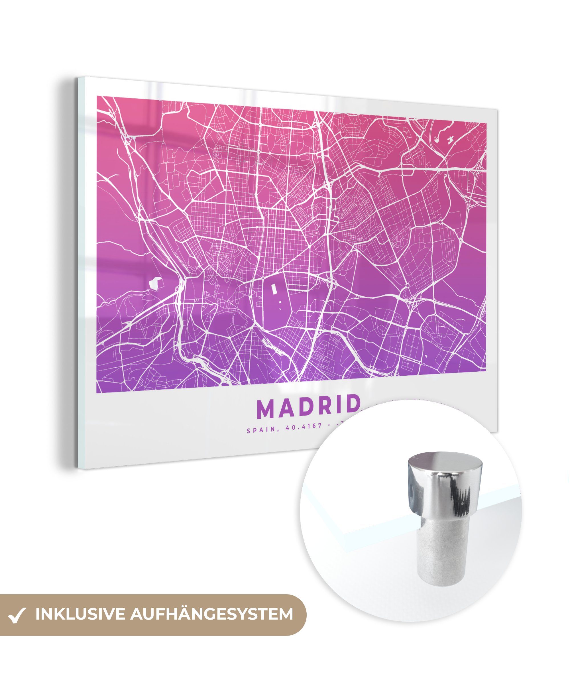 MuchoWow Acrylglasbild Madrid Wohnzimmer & Schlafzimmer St), - Acrylglasbilder - Stadtplan, Spanien (1