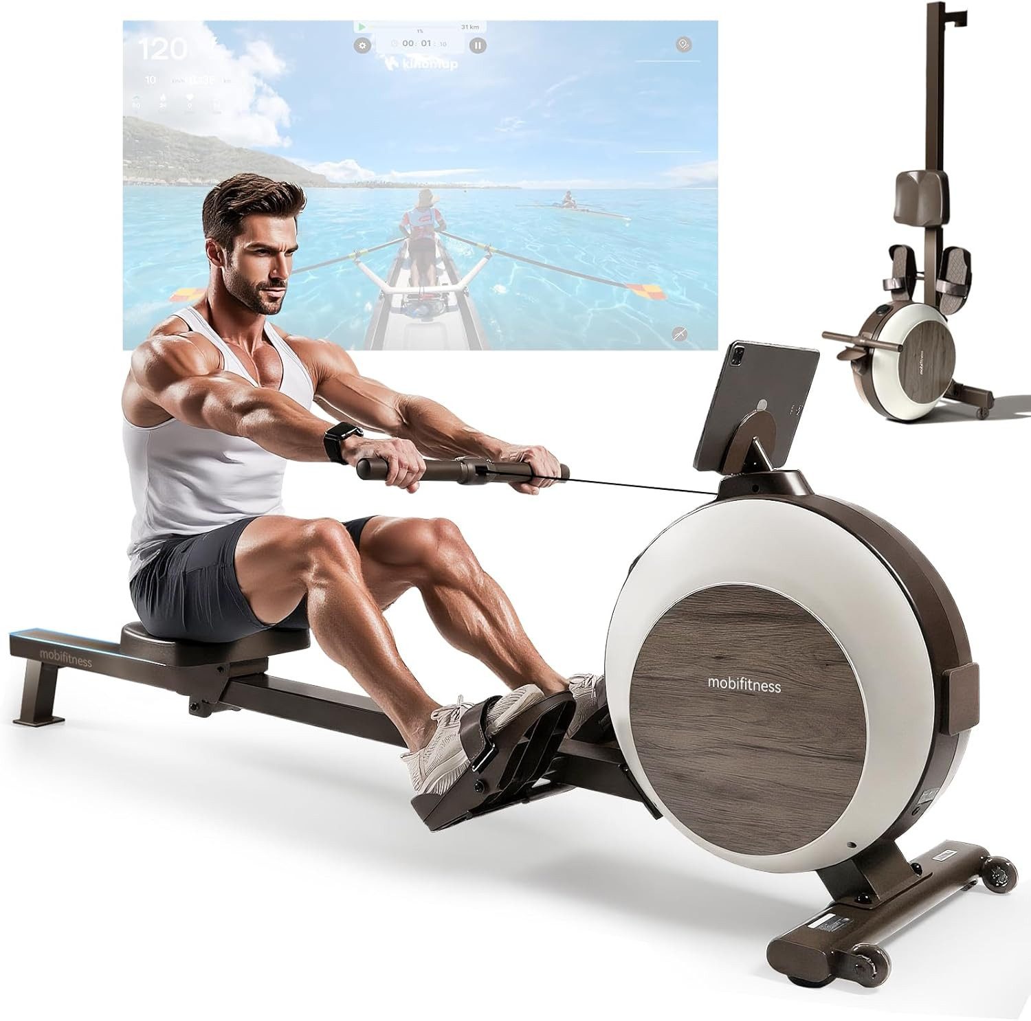 Mobifitness Rudergerät Luka Magnetisches Rudergerät für den Heimgebrauch (Spitzenwiderstand 45kg, Maximale Belastbarkeit von 120KG), Smart Knob 40 geräuschlose Widerstandsstufen Vertikale Aufbewahrung