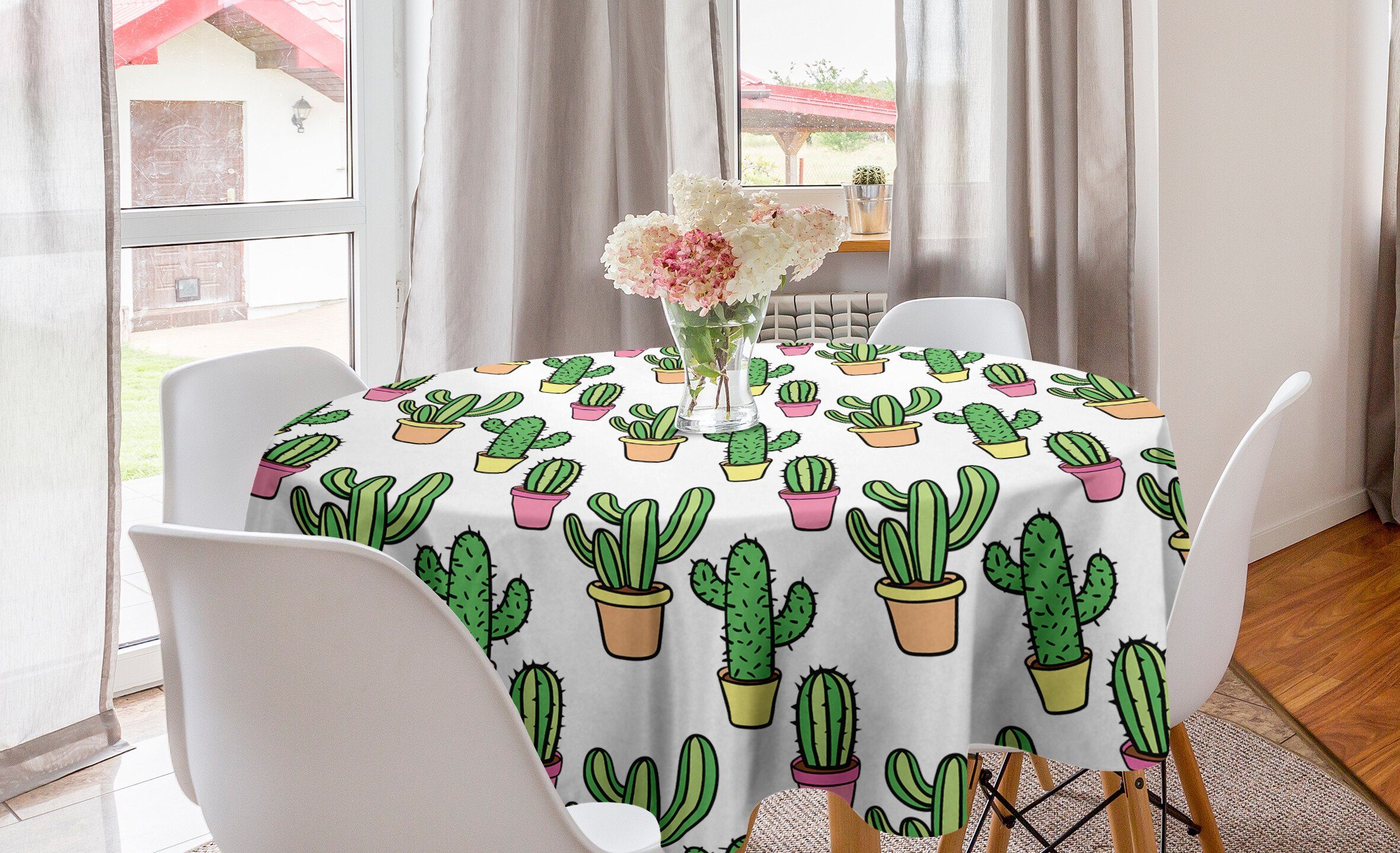 Abakuhaus Tischdecke Kreis Tischdecke Abdeckung für Esszimmer Küche Dekoration, Kaktus Cartoon Blumen
