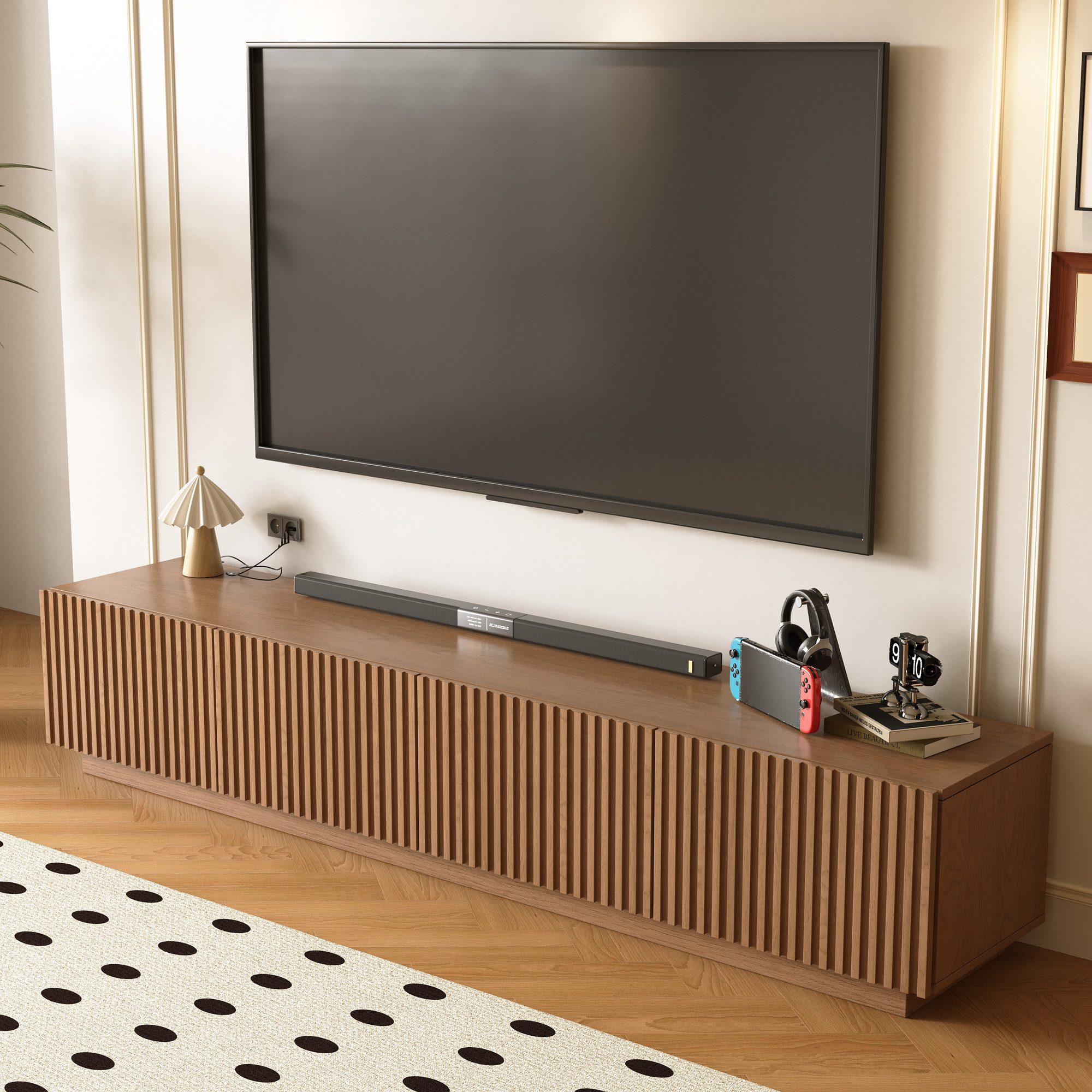 oleyluckidea TV-Schrank TV Lowboard mit Lamellentüren & großem Stauraum, Braun Breite 220 cm