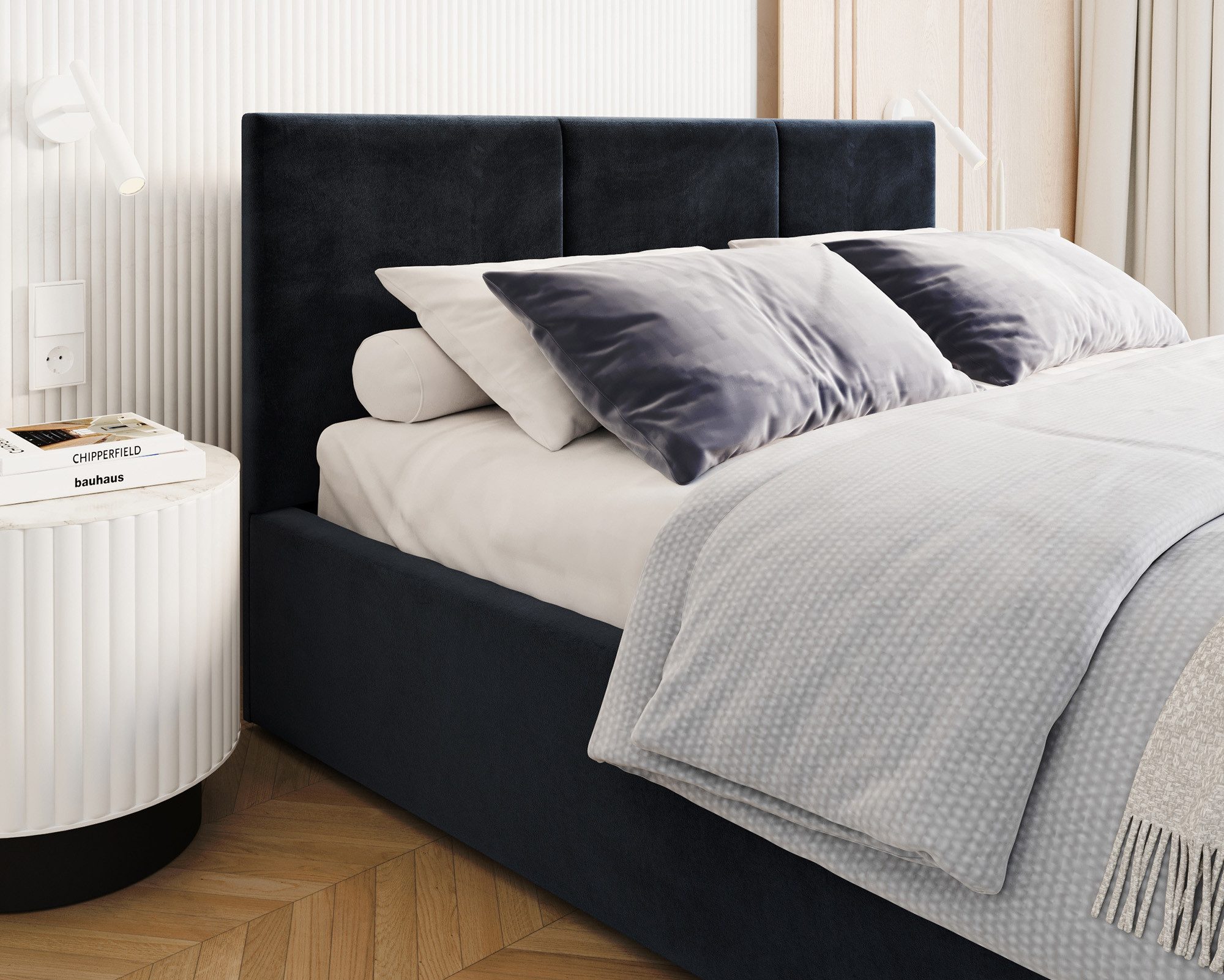 thematys Polsterbett mit Bettkasten & Lattenrost – Stauraumbett Velours 120x200–180x200 (Optional mit 28 cm H3/H4 Taschenfederkern oder 23 cm Taschenfederkern-Matratze H2)