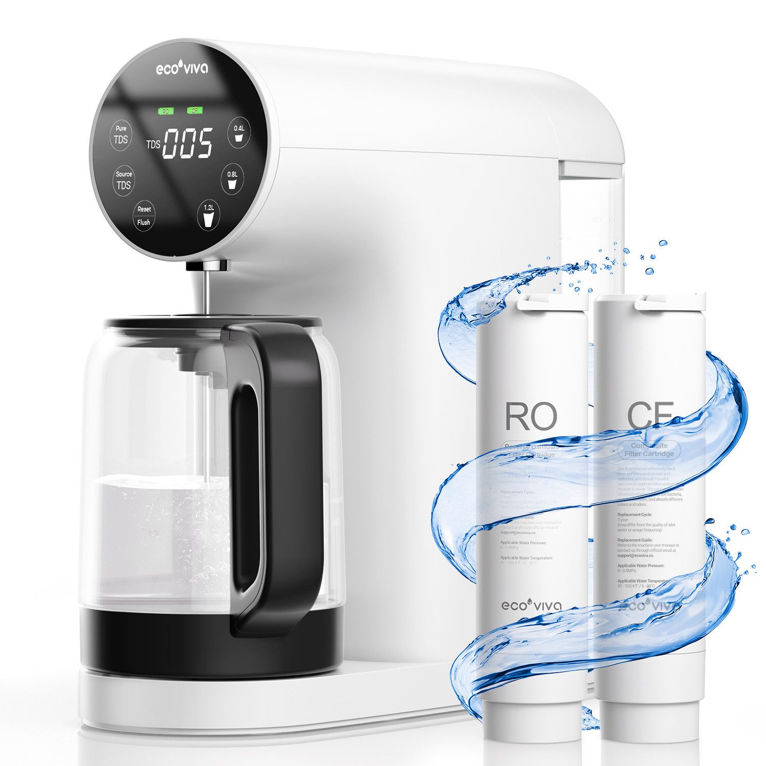 Ecoviva Wasserfilter WP-RO-200G Auftisch Osmoseanlage, Trinkwasser Umkehrosmoseanlage, Zubehör für 4-stufige Filtration, Echtzeit-TDS-Monitor, 3:1 Rein zu Abfluss 67, Mobil Umkehrosmose Wasserfilter Null-Installation