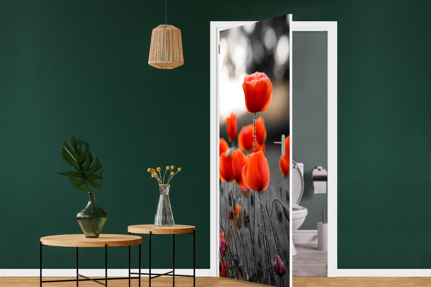 bedruckt, Tür, Matt, (1 Rote weißem St), 75x205 Türaufkleber, schwarzem Mohnblumen für MuchoWow Hintergrund, Türtapete Fototapete und vor cm