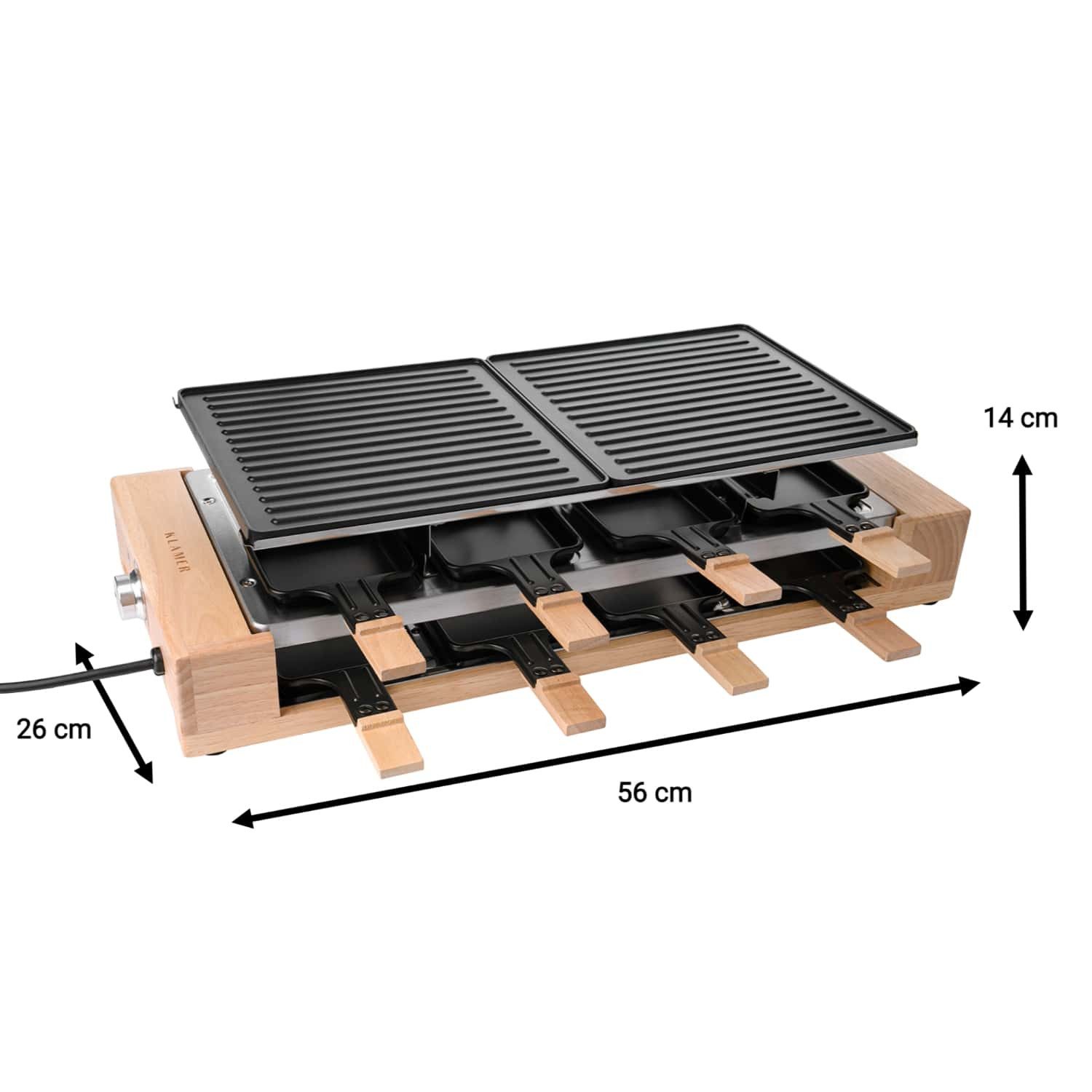 KLAMER Raclette 8 Personen, 1500W Raclette Grill mit Holzgestell, Raclette mit antiha…, 8 Raclettepfännchen