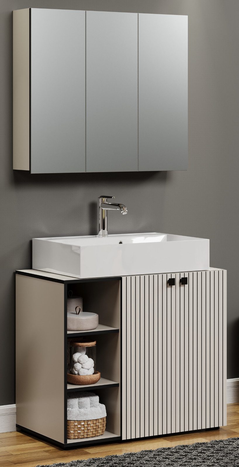 Inn.Furn Badmöbel-Set Feliz, (Set mit Spiegelschrank und Waschtisch Unterschrank in Kaschmir mit Leistenoptik, Breite 90 cm), mit viel Stauraum, optional mit Waschbecken