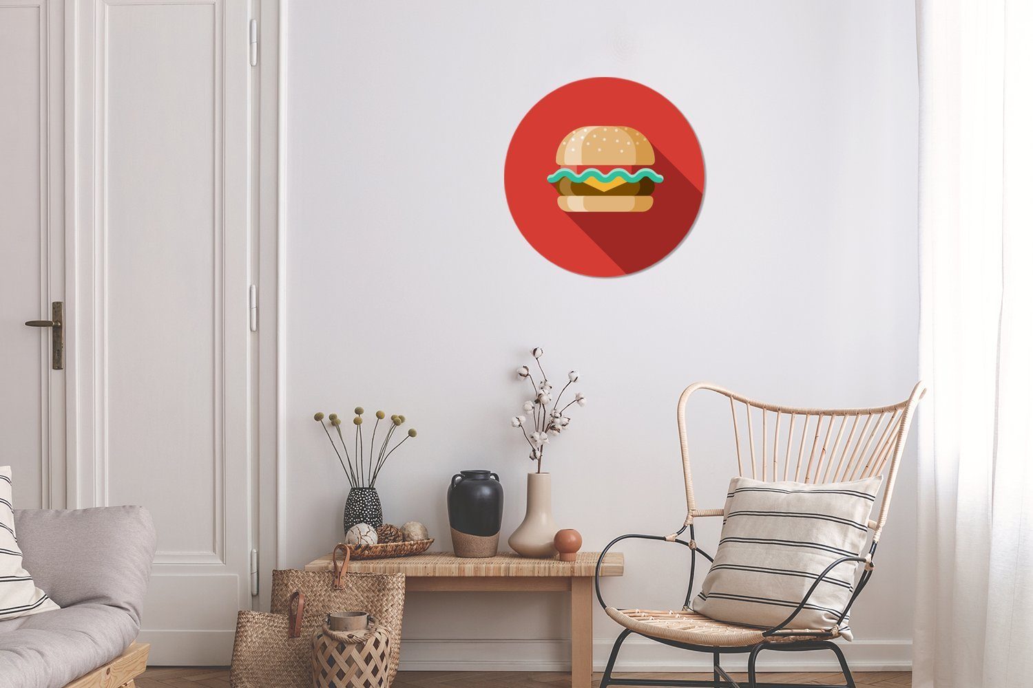MuchoWow Wandsticker Piktogramm eines Hamburgers (1 für roten Hintergrund Wohnzimmer Kinderzimmer, Tapetenkreis Tapetenaufkleber, vor einem Rund, St)