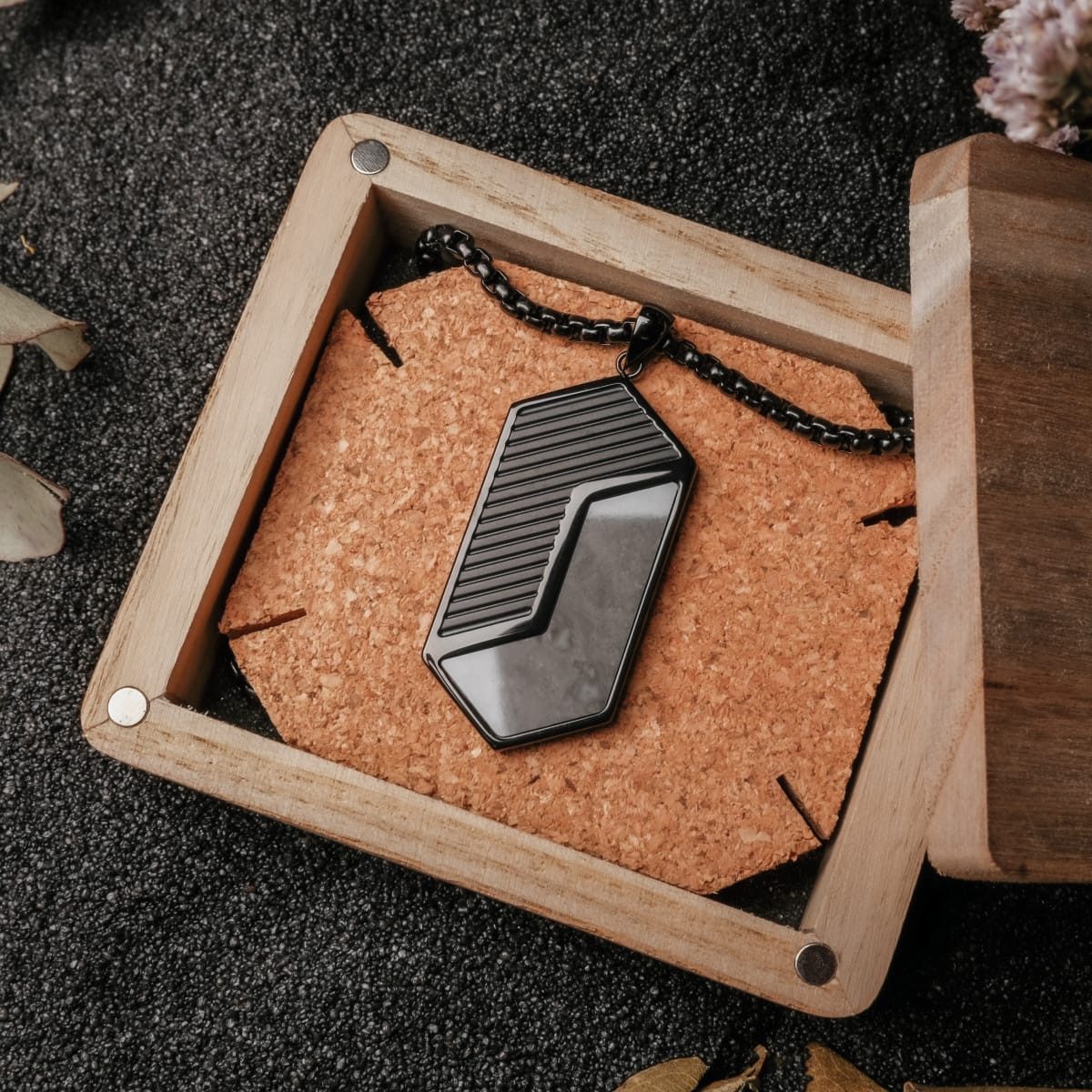 Holzkern Kette mit Anhänger Herren-Edelstahl Zigzag Marmor/Schwarz