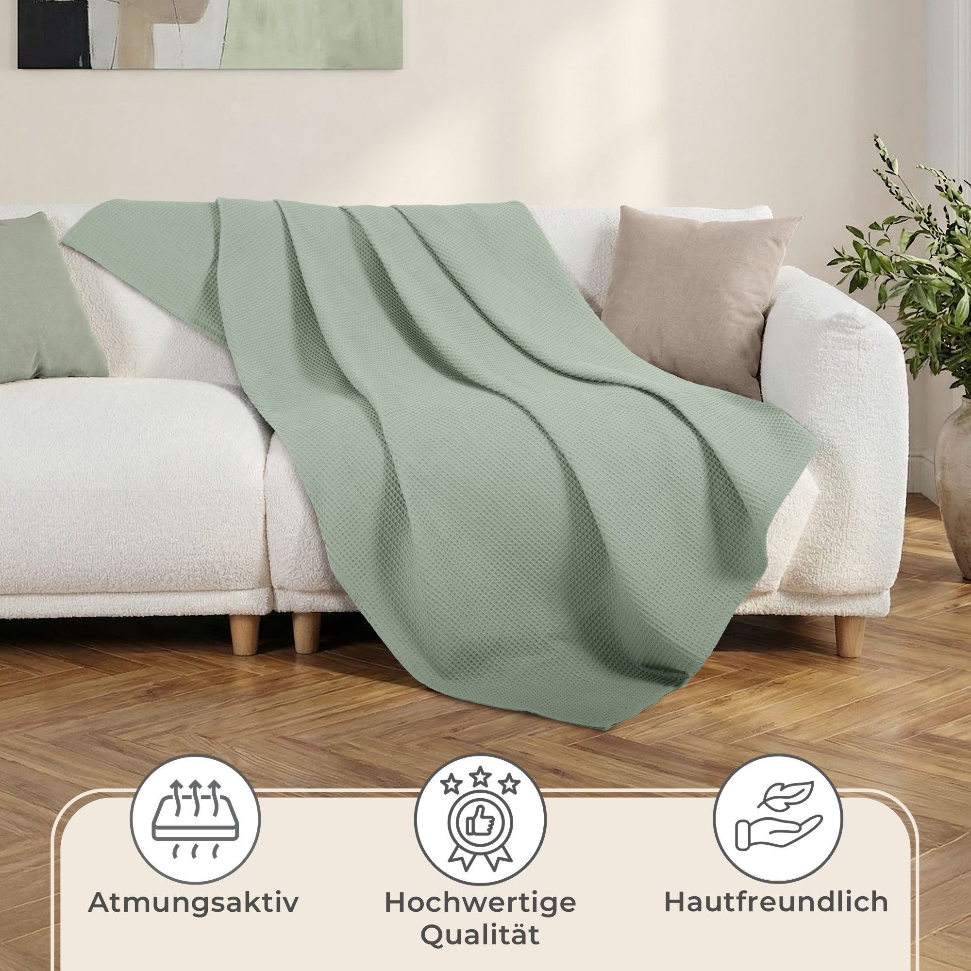 Laynenburg Tagesdecke Waffelpique aus 100% Baumwolle – Baumwolldecke, Kuscheldecke, Wohndecke als Sommerdecke, Bett-Überwurf, Couch-Überwurf, Sofa-Decke – Bild 5 von 5