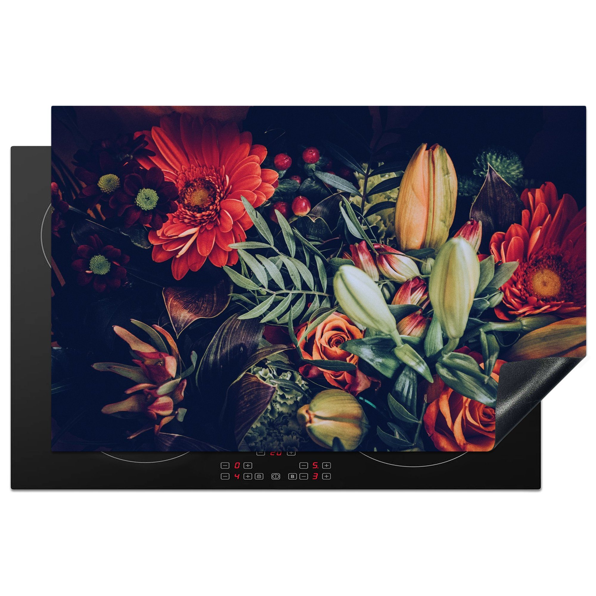 MuchoWow Herdblende-/Abdeckplatte Blumenstrauß - Stilleben 81x52 küche, (1 - cm, für - Induktionskochfeld Pflanzen tlg), Rot, Vinyl, - Schutz Ceranfeldabdeckung Blumen die