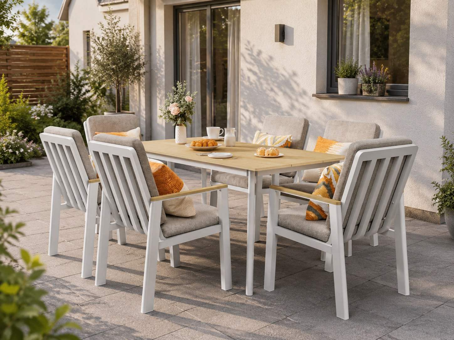 MeXo Gartenlounge-Set Aluminium Gartenmöbel Set, (150 x 80 cm Gartentisch, 7-tlg., mit 6 Stühlen), wetterfeste Essgruppe für Terrasse Balkon Garten