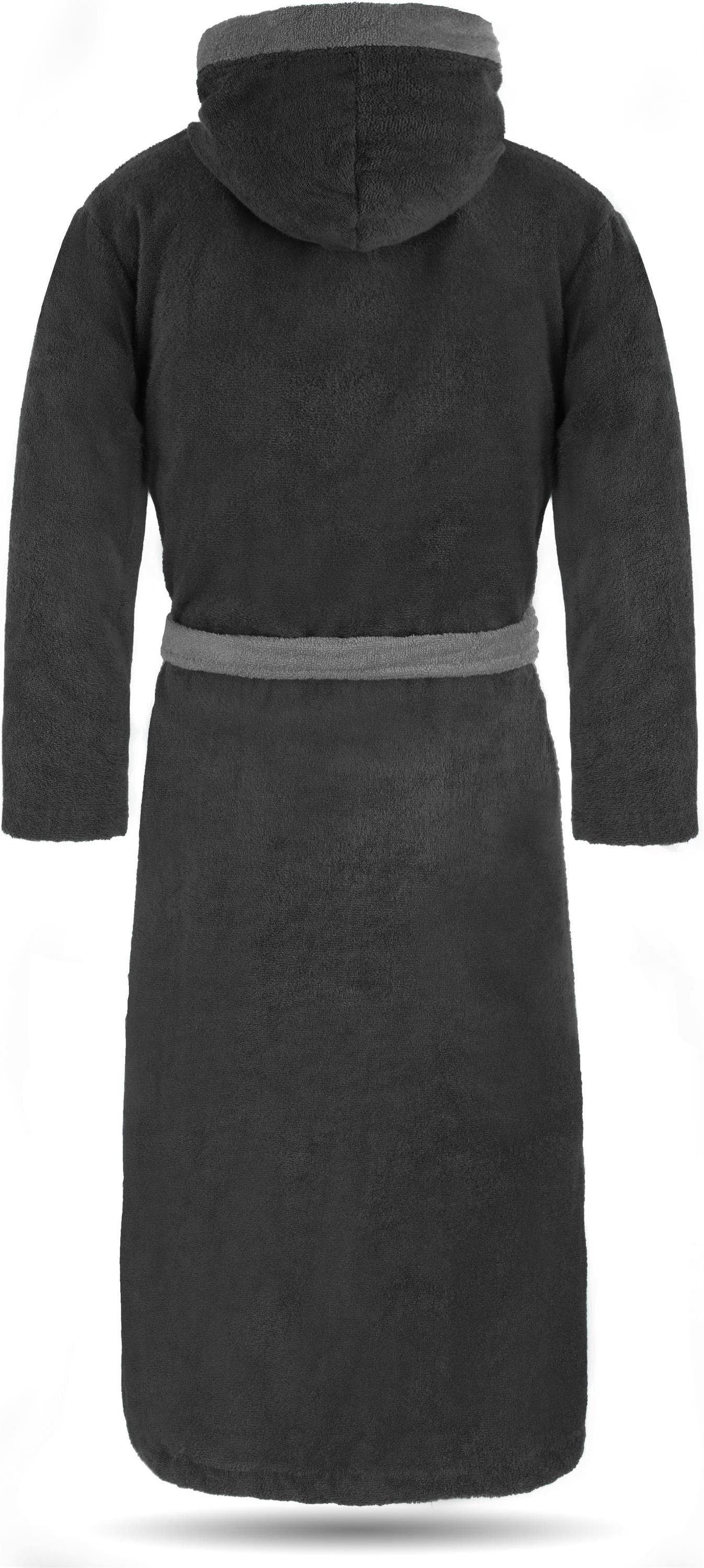 Schwarz/Grau für Bindegürtel, und aus Damenbademantel, Herren Baumwolle, Kapuze, 100 normani % Baumwolle Saunamantel 122, Damen