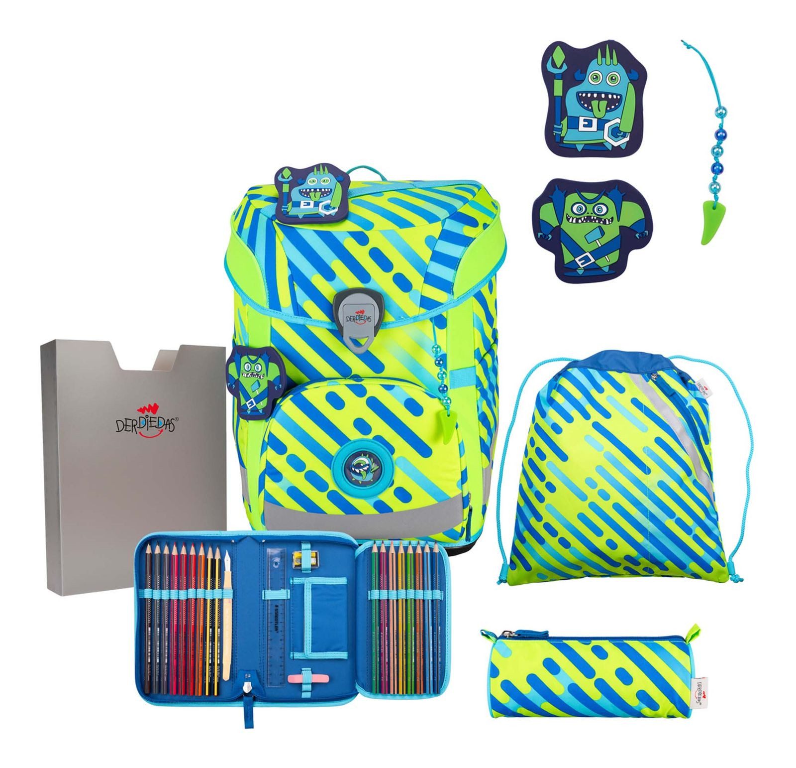 DerDieDas® Schulranzen Exklusiv Neon Schulranzenset 5-teilig (Set, 5-tlg)