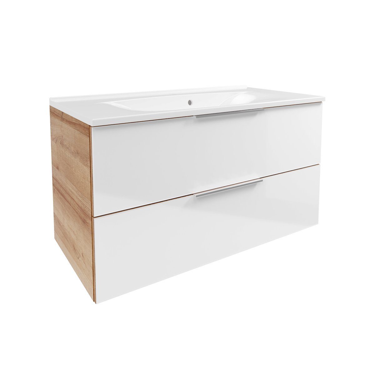 FACKELMANN Waschbeckenunterschrank B.brillant Badmöbelset 100cm - Ast Eiche - Glas Weiß - Gussmarmor