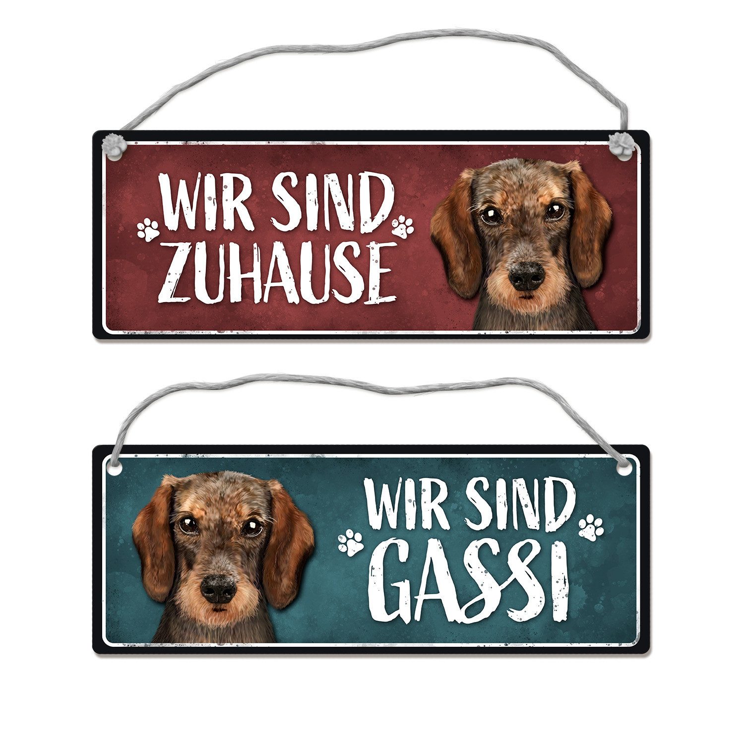 Metallschild Wir sind Gassi/Zuhause Dackel Wendeschild mit Kordel Schild Türschild