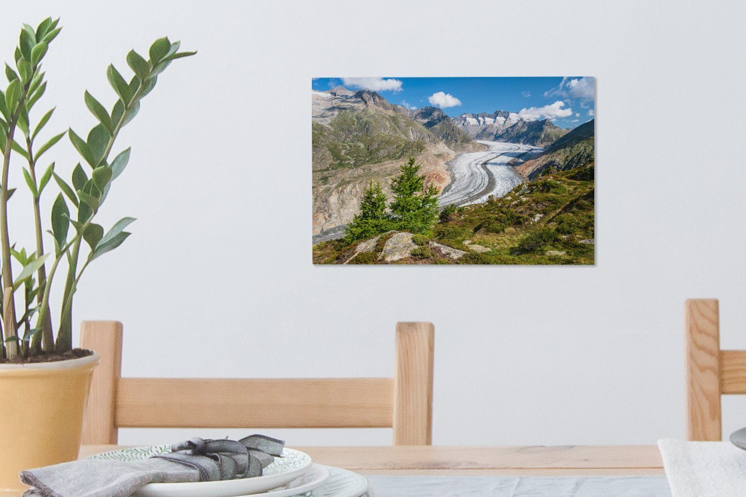 Aletschgletscher Wandbild Vordergrund (1 St), mit cm Europa, in Bäumen grünen Leinwandbilder, 30x20 Wanddeko, Leinwandbild OneMillionCanvasses® im Der Aufhängefertig,