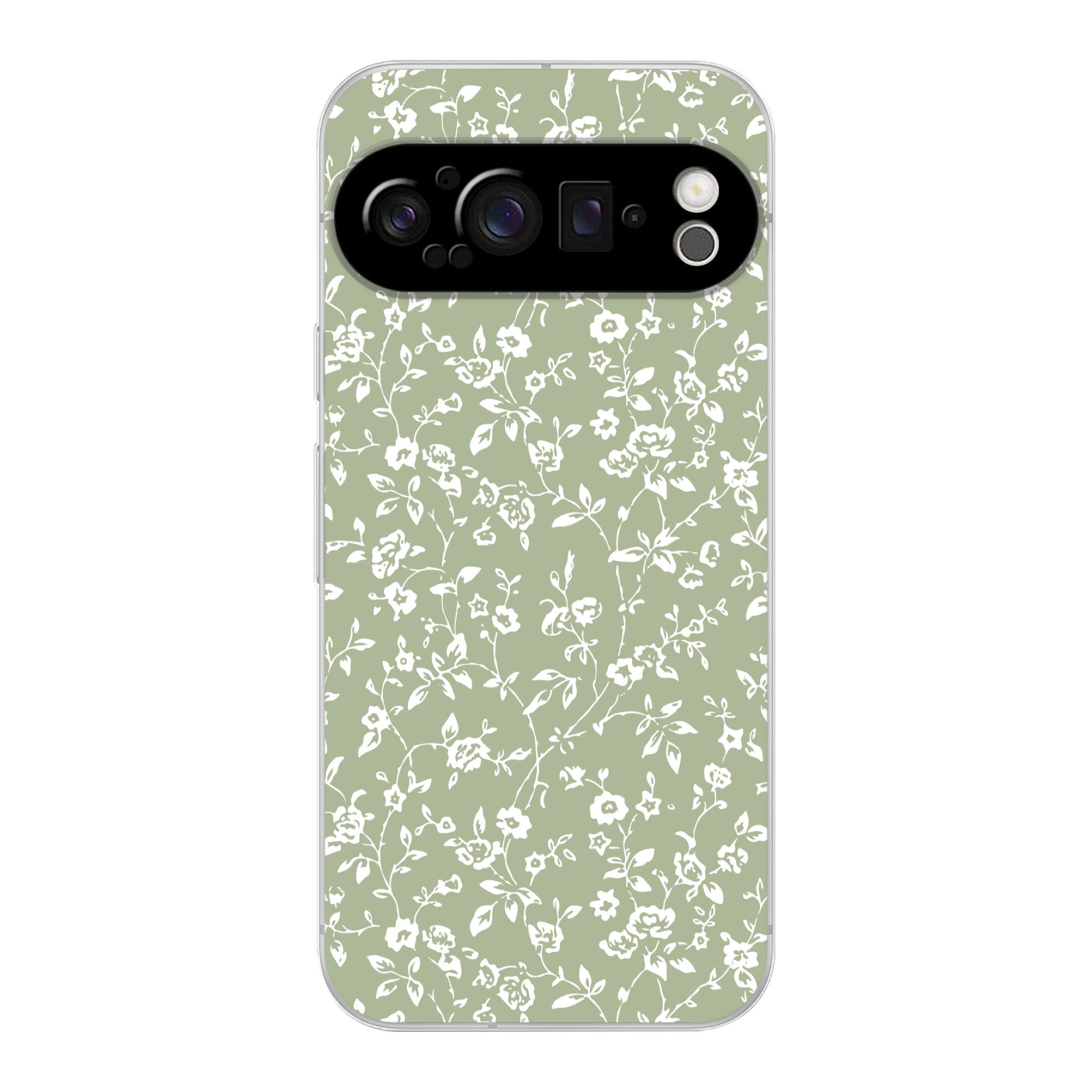 MuchoWow Handyhülle für Google Pixel 9 Pro Blumen - Druck - Grün - Weiß, Phone Case, Silikon, Schutzhülle Dünn