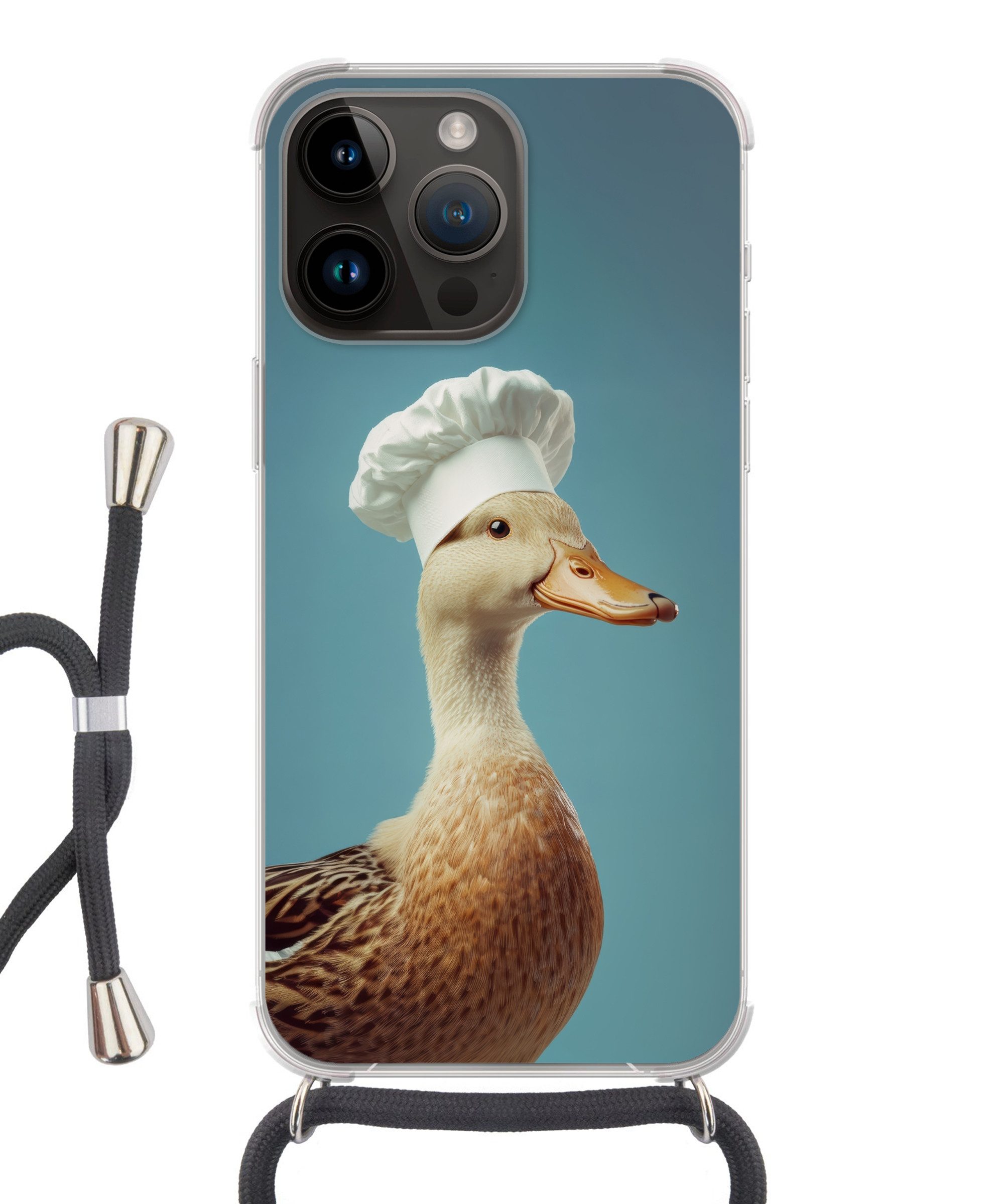 MuchoWow Handyhülle für Apple iPhone 14 Pro Ente - Kochmütze - Niedlich - Vogel, Tragbare Handyhüllen mit Kette zum umhängen, Handykette Handyband
