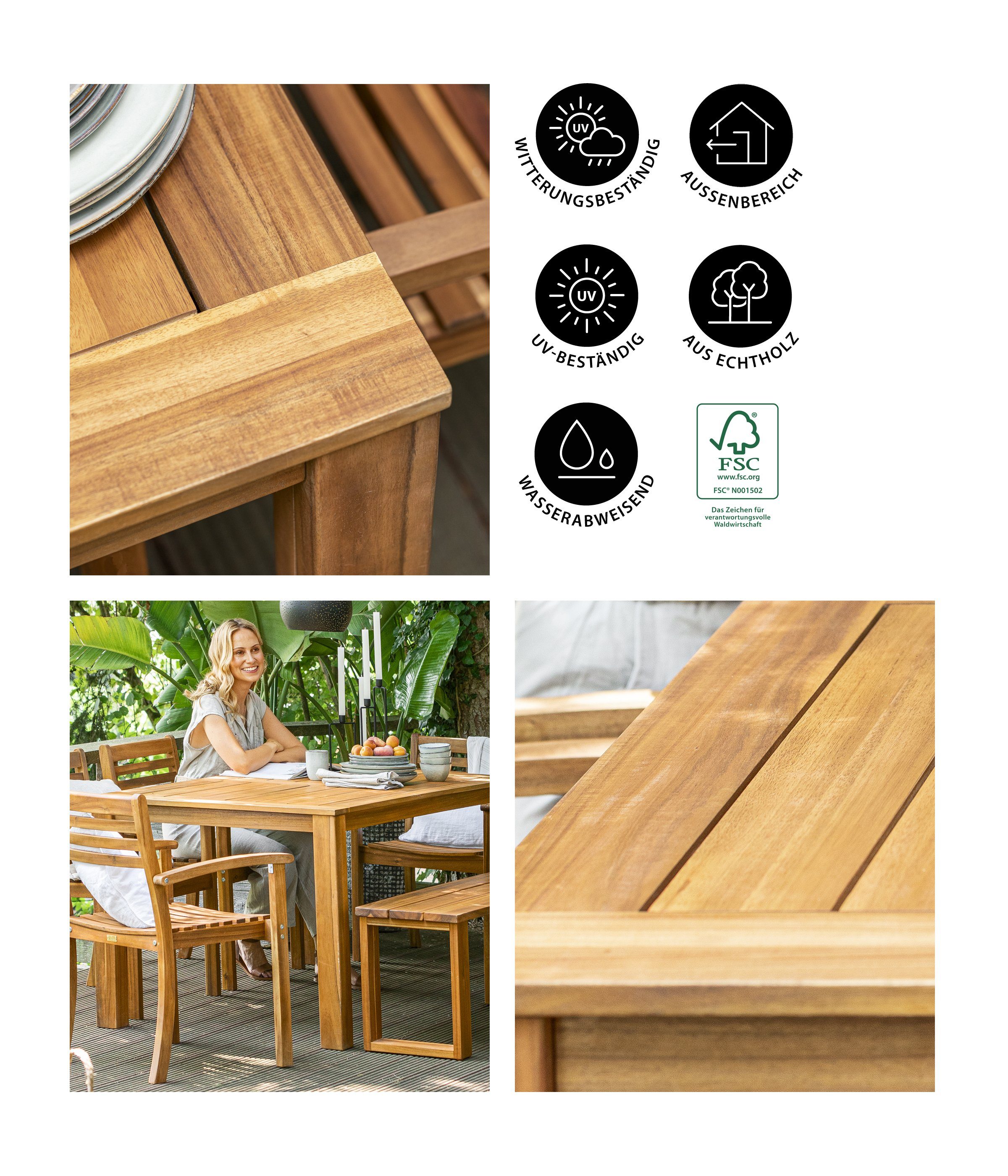 Dehner Gartentisch Macao, 75 x 160 x 90 cm, Akazienholz, braun, hochwertiger Outdoortisch aus Akazienholz für 6 Personen