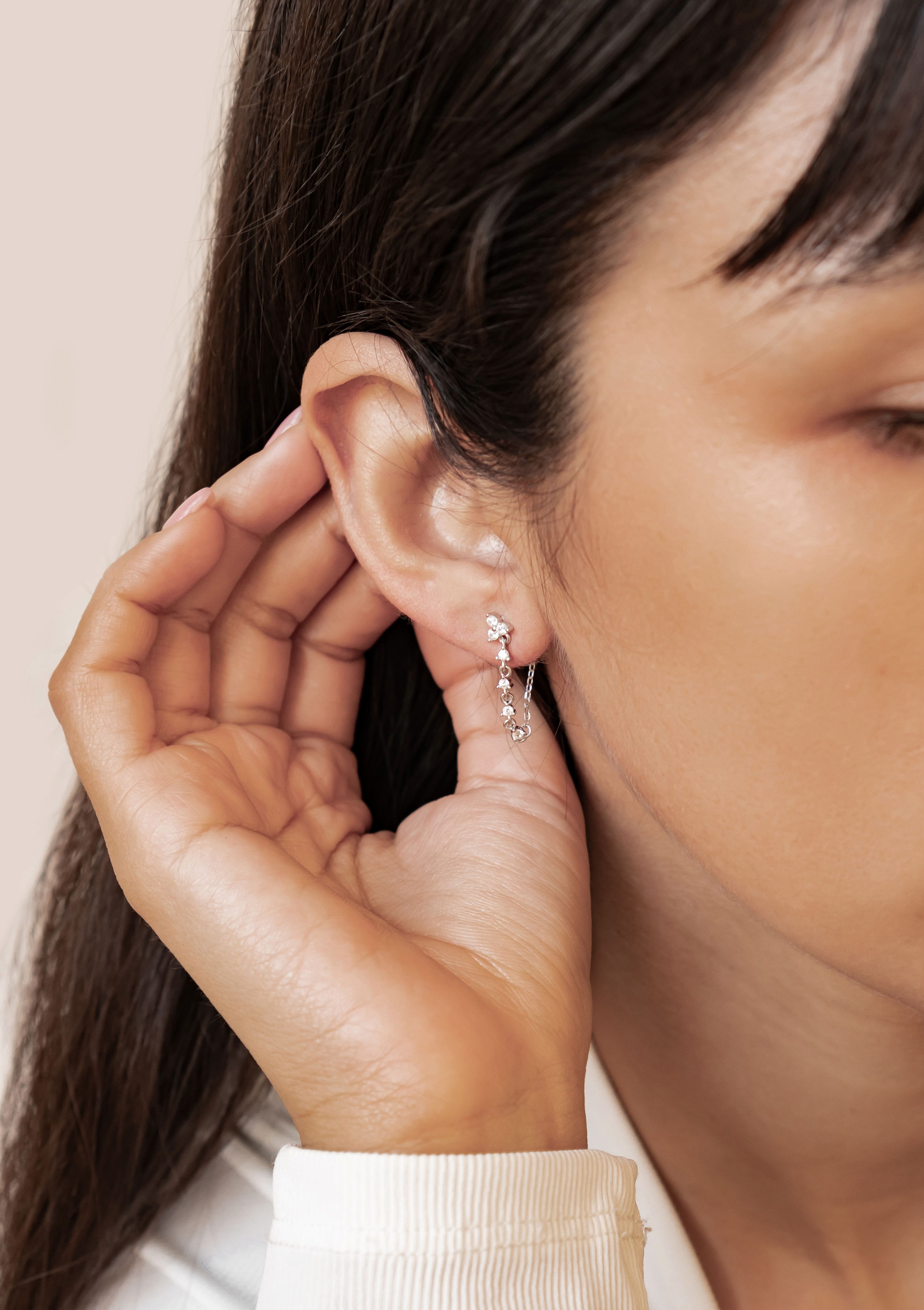 Hey Happiness Paar Ohrhänger Dreiblatt Ohrstecker mit Kette und Zirkonia, Edle 925 Silber Ohrringe Damen, Gold & Roségold