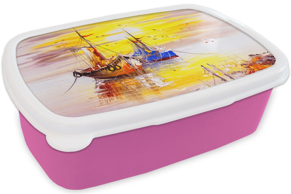 MuchoWow Lunchbox rosa Brotbox Kinder, Kunststoff Malerei Boot Wasser Mädchen, - - Snackbox, für (2-tlg), Erwachsene, Kunststoff, - Ölfarbe, Brotdose